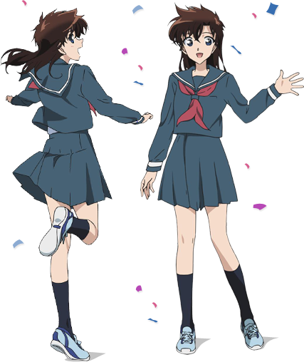 nakamori aoko, magic kaito, official art, 1girl, :d, anime coloring, arm at side, black hair, black socks, blue sailor collar, blue shirt, blue shoes, blue sky, confetti, full body, kneehighs, leg up, long hair, long sleeves, looking at viewer, miniskirt, multiple views, neckerchief, open mouth, pleated skirt, red neckerchief, sailor collar, school uniform, serafuku, shirt, shoes, skirt, sky, smile, sneakers, socks, standing, tachi-e, transparent background, waving