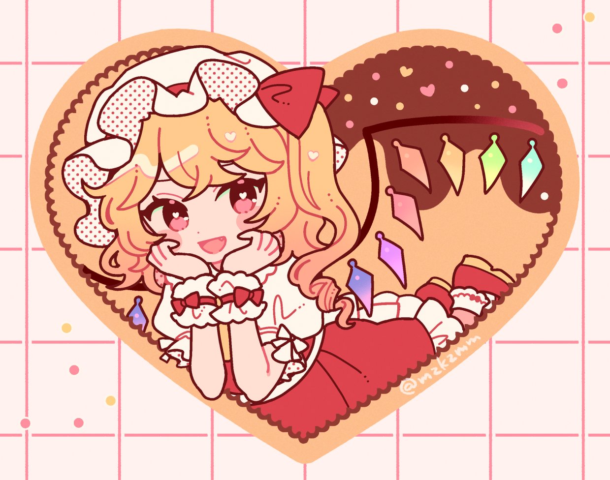 mozukuzu (manukedori), flandre scarlet, touhou, commentary, 1girl, :d, blonde hair, bobby socks, bow, grid background, hat, hat bow, hat ribbon, heart, heart-shaped pupils, heart image, long hair, looking at viewer, open mouth, puffy short sleeves, puffy sleeves, red bow, red eyes, red ribbon, red shoes, red skirt, red vest, ribbon, shirt, shoes, short sleeves, skirt, smile, socks, solo, symbol-shaped pupils, vest, white background, white shirt, white socks, wings, wrist cuffs