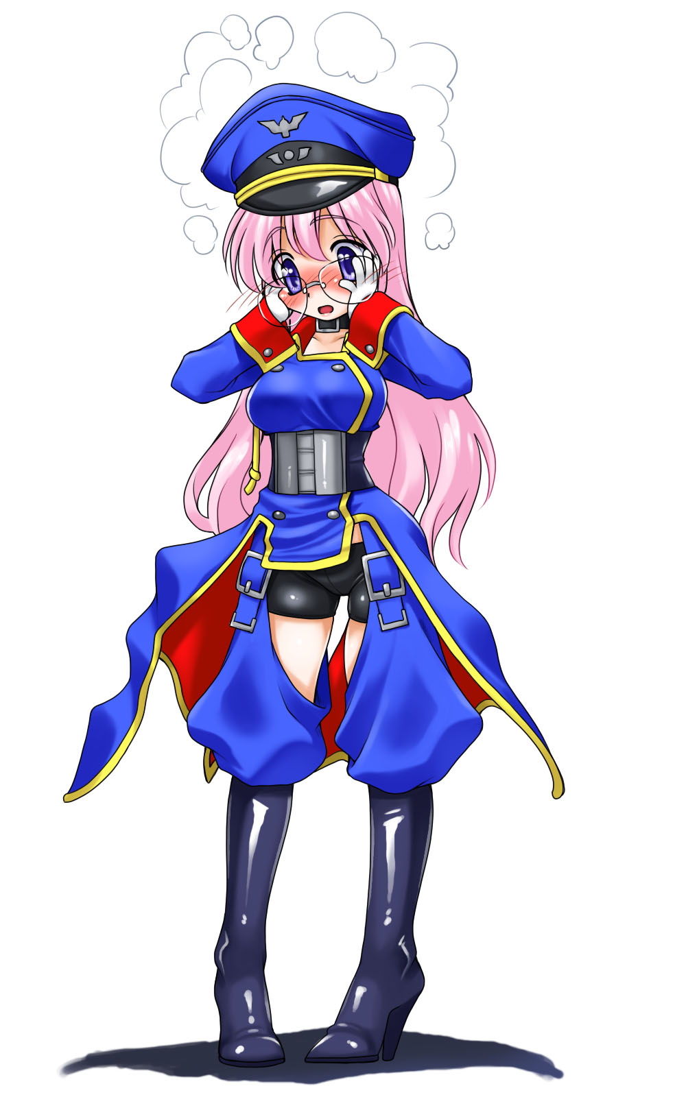 kamia (not found), endou aya, sheryl nome, takara miyuki, lucky star, macross, macross frontier, bad id, bad pixiv id, highres, blush, boots, cosplay, embarrassed, glasses, gloves, hat, long hair, pink hair, purple eyes, sheryl nome (cosplay), smoke, solo, voice actor connection