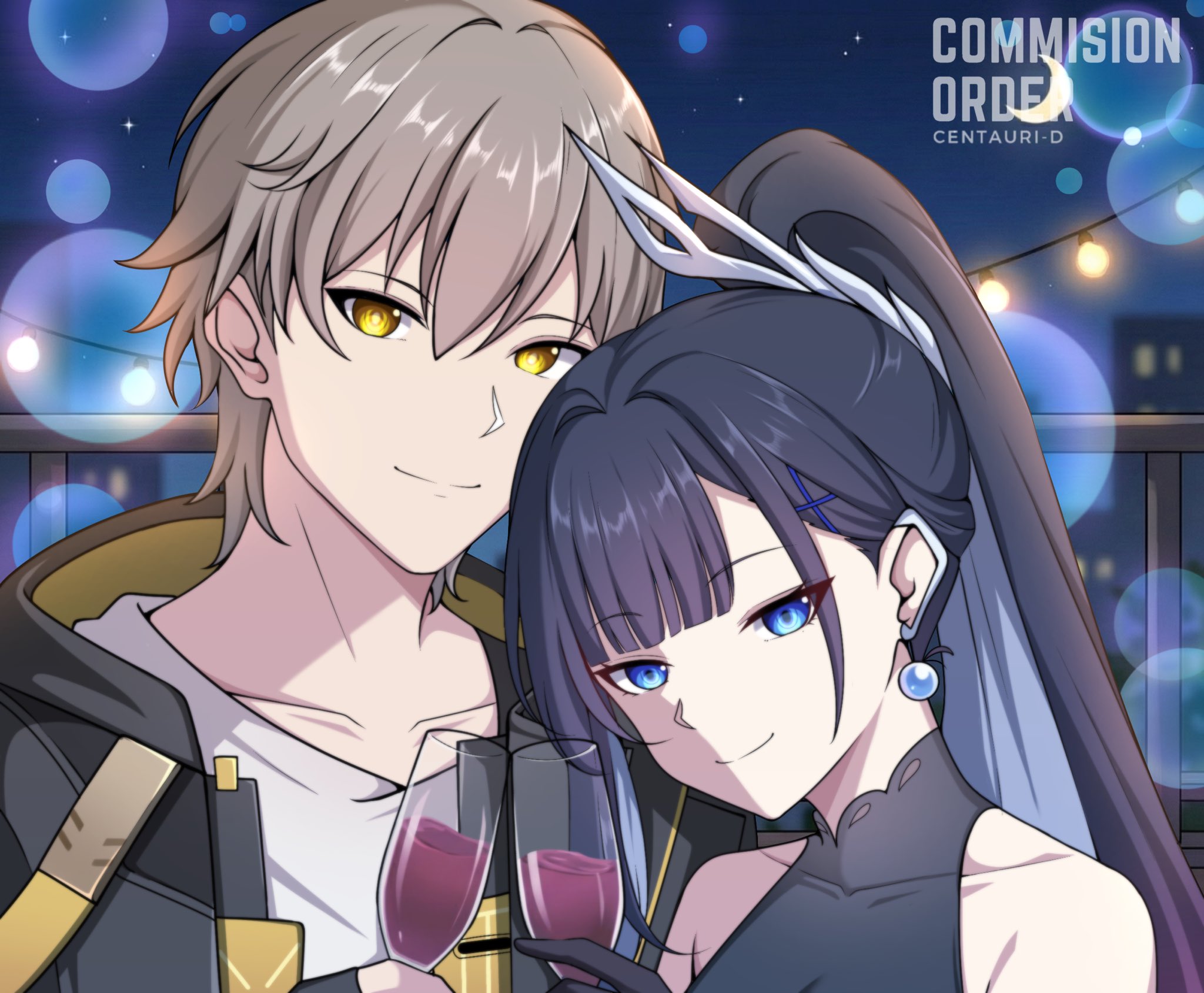 centauri-d, caelus (honkai: star rail), hysilens (honkai: star rail), trailblazer (honkai: star rail), honkai: star rail, honkai (series), commentary, english commentary, highres, 1boy, 1girl, alternate costume, bare shoulders, black hair, blue eyes, cup, drinking glass, earrings, grey hair, hair ornament, holding, holding cup, jewelry, long hair, looking at viewer, multicolored hair, pearl earrings, shell, shell hair ornament, short hair, smile, two-tone hair, wine glass, yellow eyes