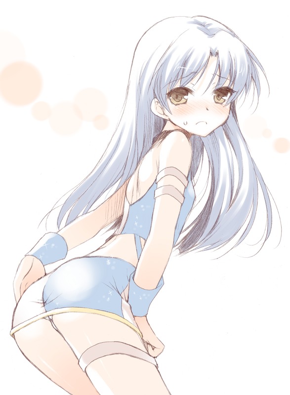 komi zumiko, kisaragi chihaya, idolmaster, idolmaster (classic), 00s, 1girl, ass, blue hair, blush, brown eyes, cool & sexy (idolmaster), embarrassed, female focus, long hair, looking back, panties, pantyshot, single thighhigh, skirt, skirt tug, solo, thighhighs, underwear, upskirt, white panties