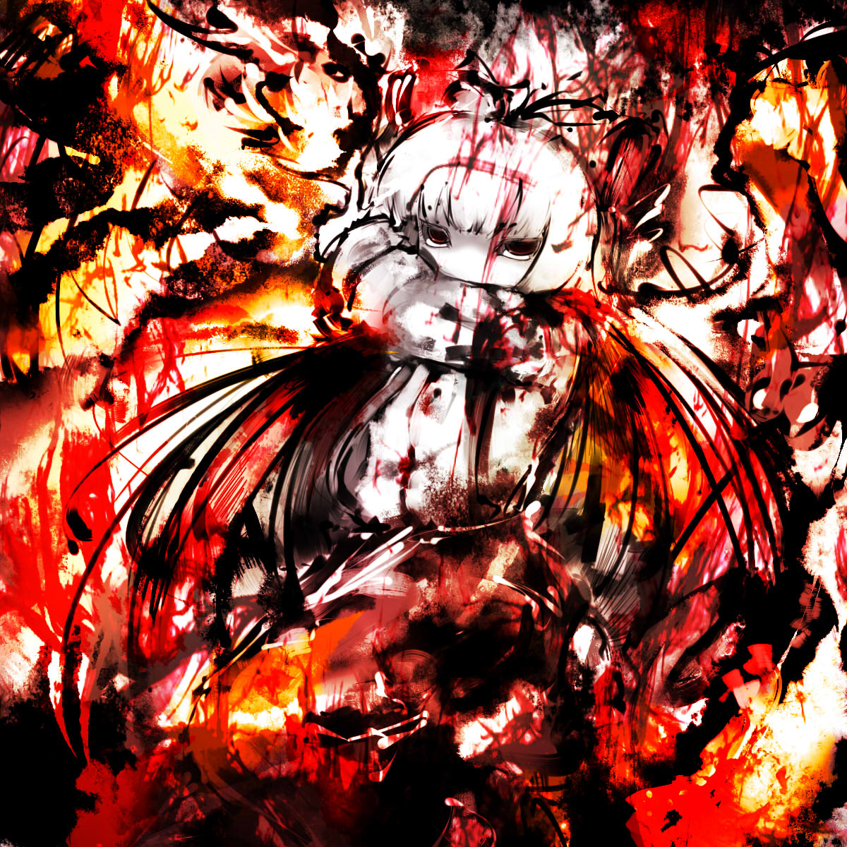 koohee, fujiwara no mokou, touhou, highres, 1girl, female focus, fire, red eyes, solo, white hair