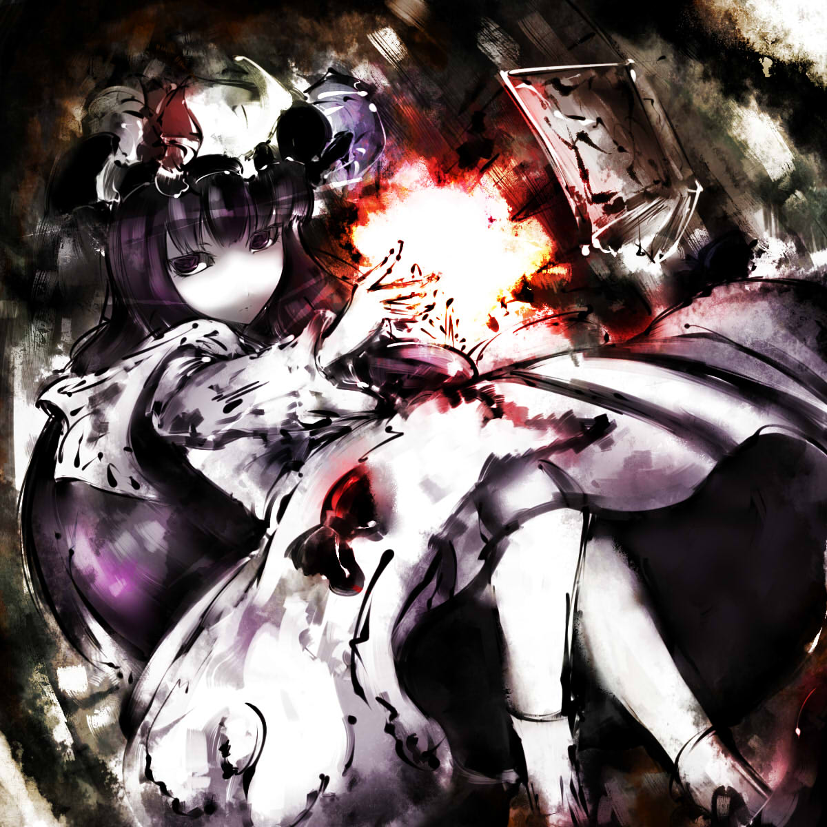 koohee, patchouli knowledge, touhou, highres, 1girl, book, crescent, crescent hair ornament, female focus, hair ornament, hat, long hair, looking at viewer, mob cap, purple eyes, purple hair, ribbon, serious, socks, solo