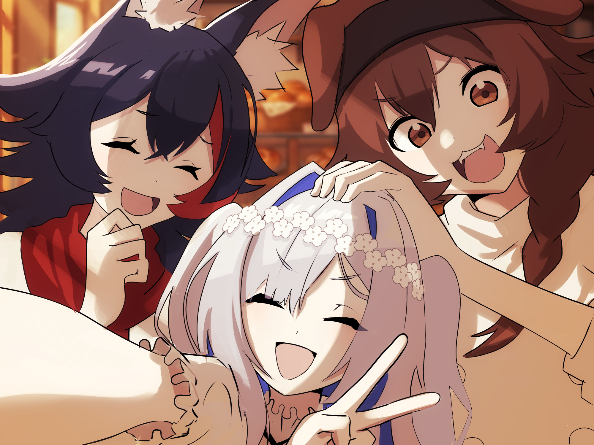 numzawa, amane kanata, inugami korone, ookami mio, hololive, hololive grand theft auto, commentary, highres, 3girls, :3, :d, alternate costume, angel, animal ear fluff, animal ears, black hair, blue hair, brown eyes, brown hair, chef, closed eyes, dog ears, dog girl, dot nose, family, fangs, flower, frills, hair between eyes, hair flower, hair ornament, hand on another's head, multicolored hair, multiple girls, open mouth, red hair, selfie, smile, v, virtual youtuber, white hair, wolf ears, wolf girl