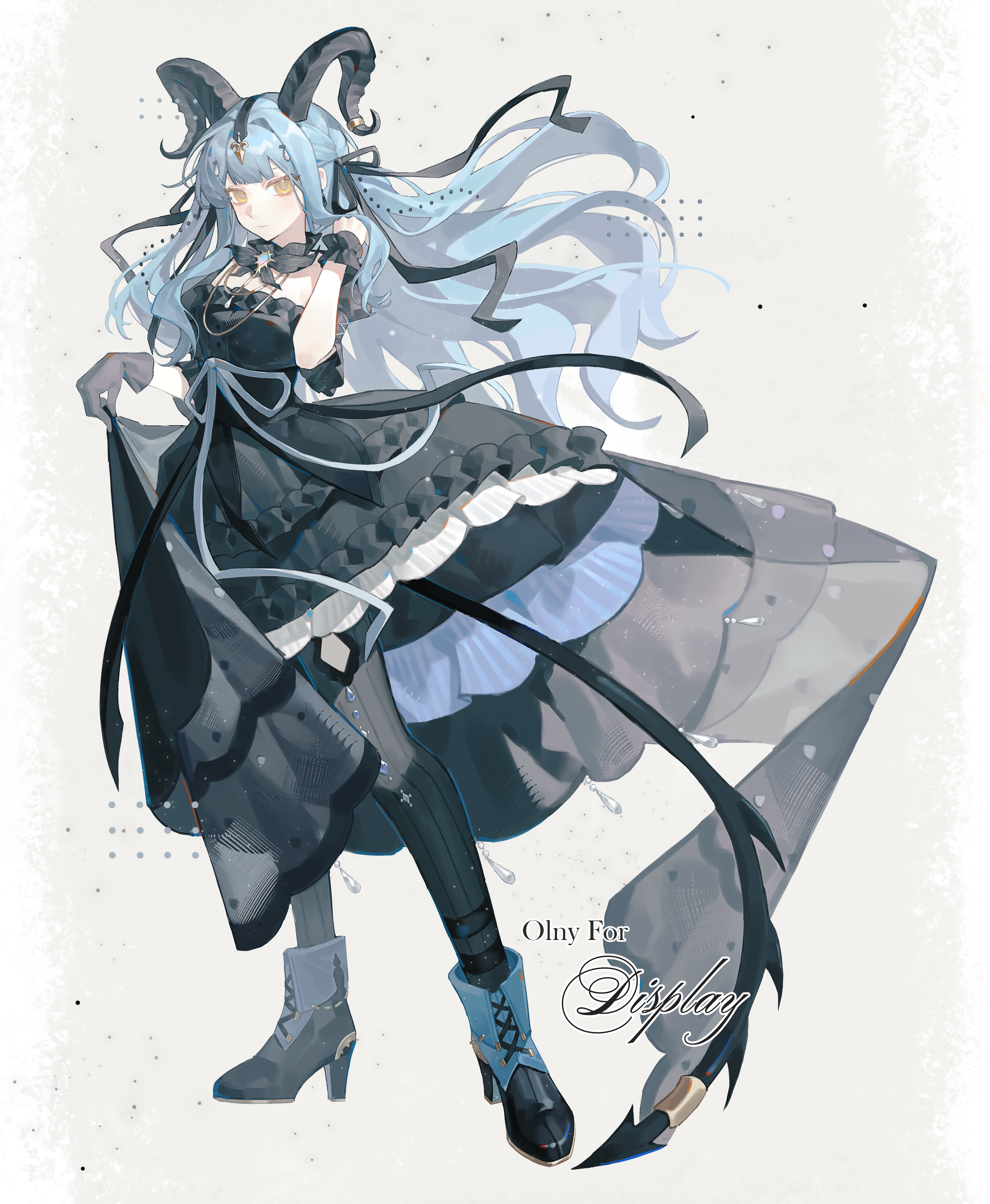 togawa sakiko, togawa sakiko (master of melodia), arknights, bang dream!, bang dream! it's mygo!!!!!, absurdres, chinese commentary, commentary request, highres, 1girl, black boots, black dress, black gloves, black horns, black ribbon, blue hair, boots, breasts, closed mouth, curled horns, dress, frilled dress, frills, full body, gloves, grey background, hair ribbon, high heels, horn ornament, horn ring, horns, long hair, looking at viewer, medium breasts, pantyhose, que zi xu ran, ribbon, sidelocks, single glove, skirt hold, solo, standing, tail, tail ornament, tail ring, two side up, wrist cuffs, yellow eyes