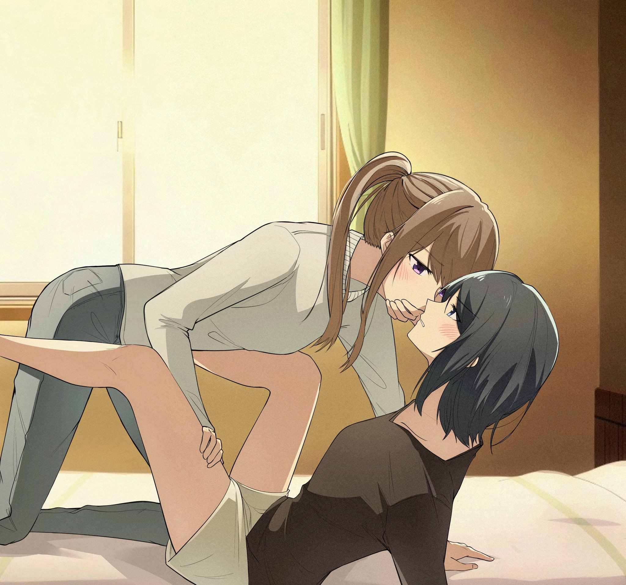 miyagi shiori, sendai hazuki, shuuniichido classmate wo kau hanashi, commentary, hashtag-only commentary, highres, 2girls, black hair, black shirt, blue eyes, brown hair, covering another's mouth, grey pants, grey shirt, long hair, long sleeves, mim120809, multiple girls, open mouth, pants, ponytail, purple eyes, shirt, shorts, sidelocks, white shorts, yuri