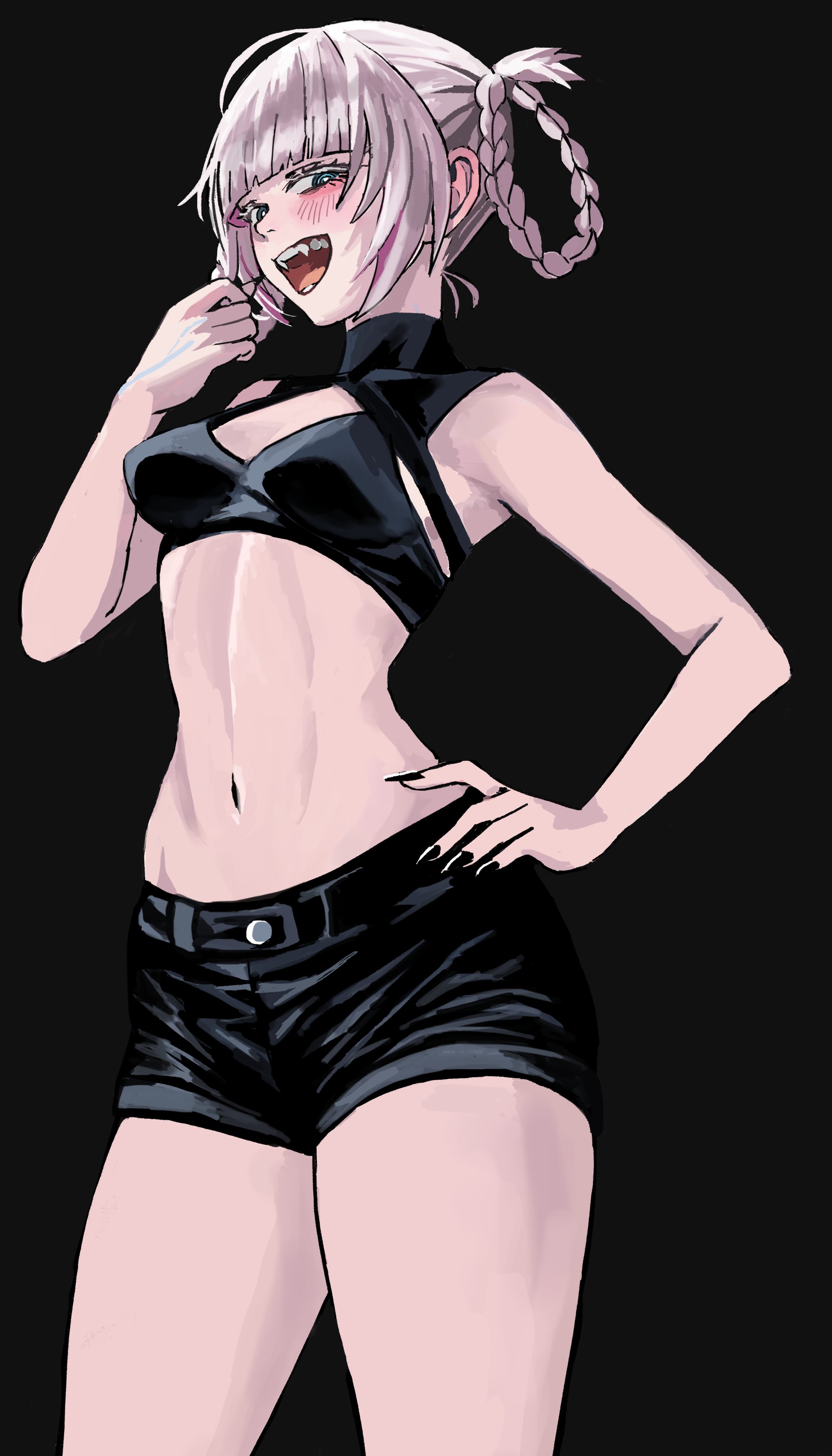 reiquant, nanakusa nazuna (yofukashi no uta), yofukashi no uta, absurdres, commentary, english commentary, engrish commentary, highres, 1girl, bare arms, bare shoulders, black background, black nails, black shorts, blue eyes, blunt bangs, braid, braided hair rings, breasts, cleavage cutout, clothing cutout, cowboy shot, crop top, fangs, hair rings, hand on own hip, looking at viewer, midriff, navel, open mouth, pink hair, short shorts, shorts, simple background, small breasts, smile, solo, standing, stomach