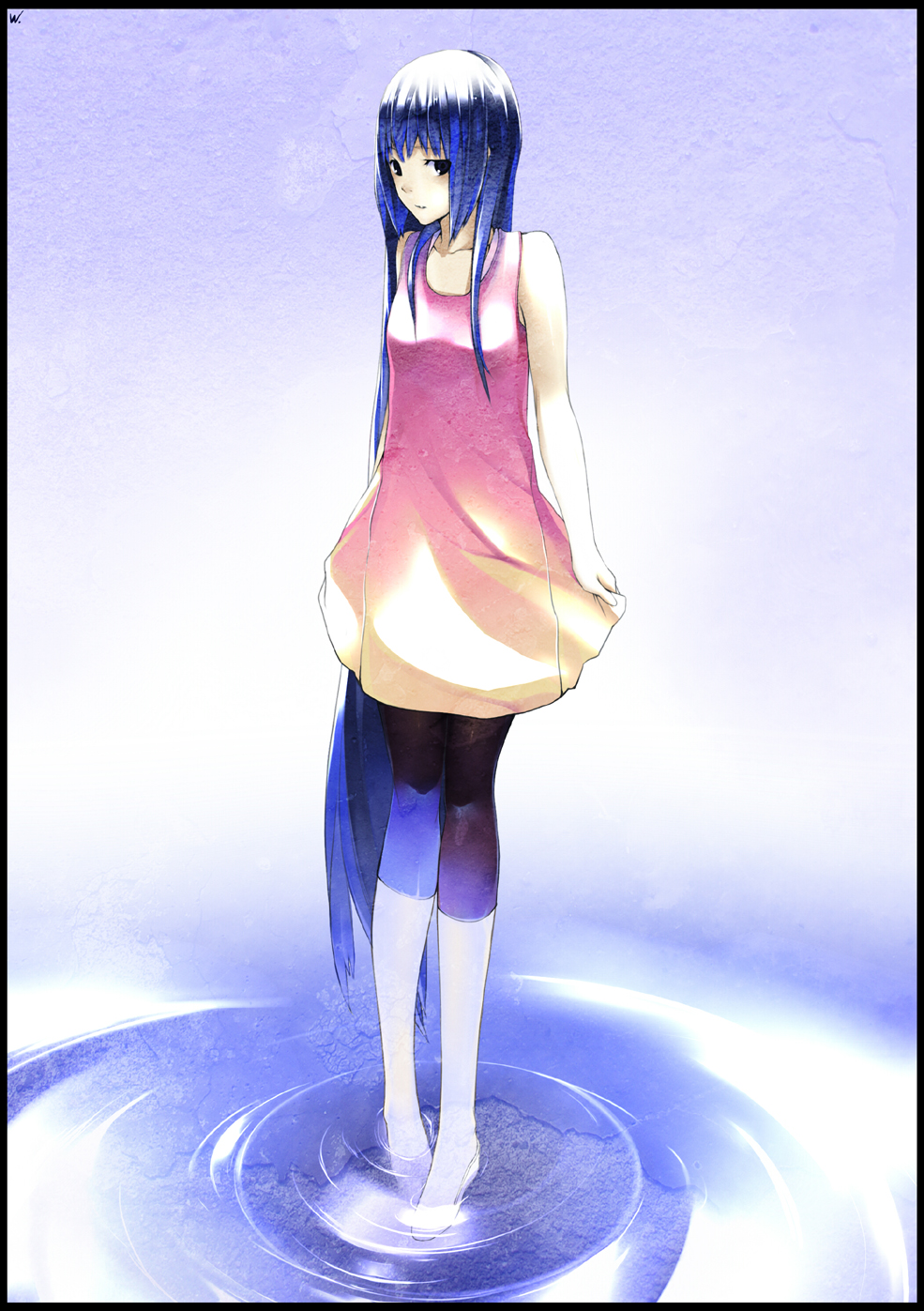 wolfour, original, highres, 1girl, blue eyes, blue hair, casual, dress, female focus, full body, gradient background, long hair, matching hair/eyes, solo, very long hair, water