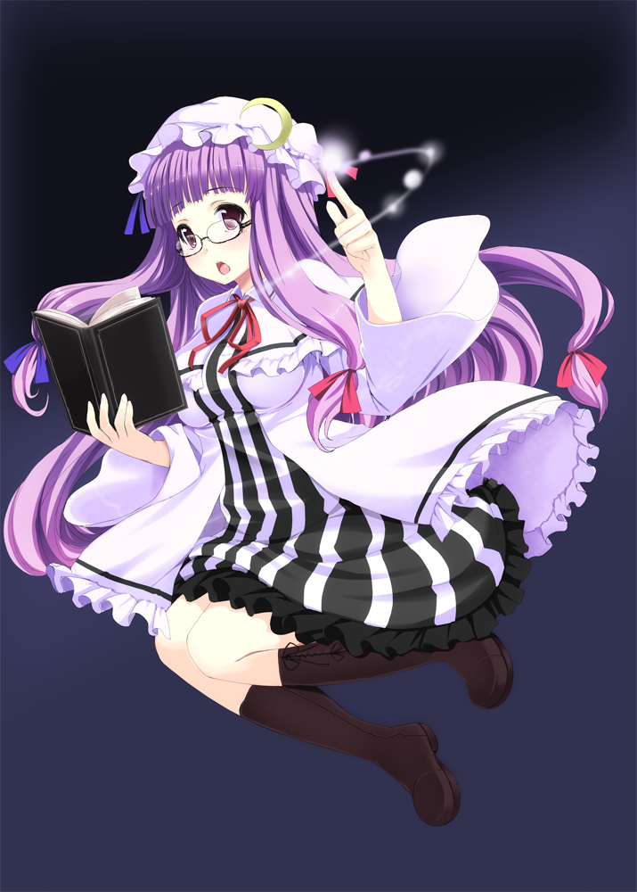 kaneru, patchouli knowledge, touhou, 1girl, bespectacled, book, boots, breasts, female focus, full body, glasses, gradient background, hat, long hair, purple eyes, purple hair, solo