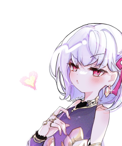 kama (assassin) (first ascension) (fate), kama (fate), kama (first ascension) (fate), kama (young) (fate), fate/grand order, fate (series), gold armlet, commentary request, 1girl, armlet, bare shoulders, blush, detached sleeves, dress, earrings, fingernails, gold earrings, gold ring, gold trim, hair ribbon, half-closed eyes, hand up, heart, jewelry, long fingernails, long sleeves, looking at viewer, multiple rings, nail polish, open mouth, pink eyes, pink nails, pink ribbon, purple dress, purple hair, purple sleeves, ribbon, ring, rkwx777, short hair, simple background, sleeveless, sleeveless dress, solo, sparkle, upper body, v-shaped eyebrows, white background