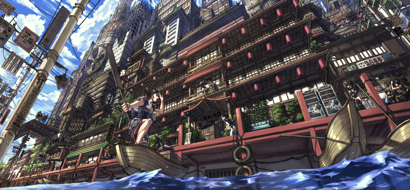 asano, asano (shikisokuzekuu), original, bad id, bad pixiv id, absurdly detailed composition, architecture, balcony, barefoot, basket, boat, building, city, cityscape, complex exterior, day, dock, dutch angle, east asian architecture, flower, from below, grand scale, japanese clothes, kimono, lantern, morning glory, multiple boys, multiple girls, oar, obi, outdoors, paper lantern, perspective, plant, potted plant, power lines, railing, rowboat, sash, scenery, sign, sky, vending machine, water, watercraft