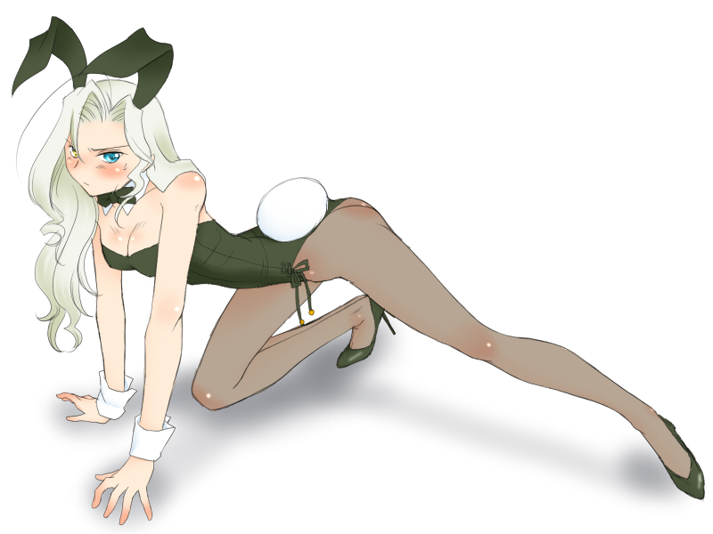 yagisaka seto, original, silver hair, 1girl, all fours, animal ears, back-seamed legwear, blue eyes, fake animal ears, female focus, heterochromia, legs, long hair, pantyhose, playboy bunny, rabbit ears, seamed legwear, solo
