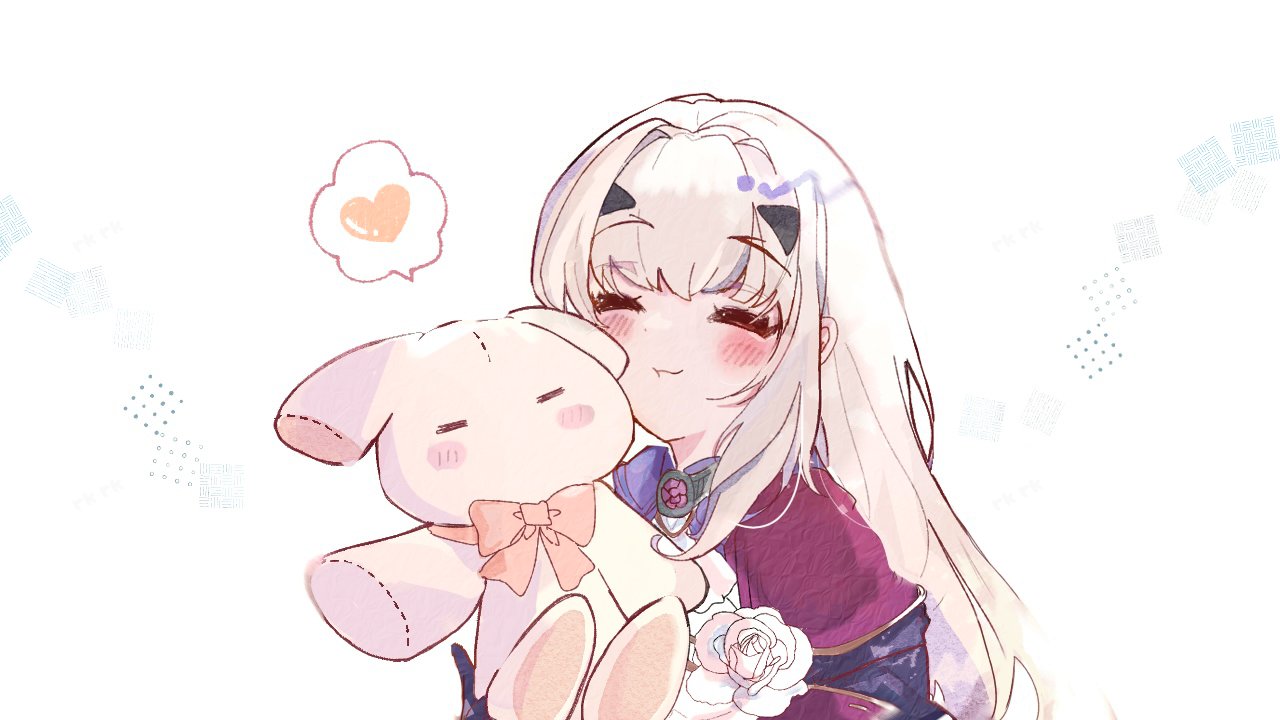 melusine (fate), melusine (second ascension) (fate), fate/grand order, fate (series), commentary request, 1girl, blush, bow, capelet, closed eyes, closed mouth, dress, gem, heart, holding, holding stuffed toy, jewelry, long hair, pendant, pink bow, pink capelet, pink gem, rkwx777, simple background, single sidelock, smile, solo, speech bubble, spoken heart, stuffed animal, stuffed rabbit, stuffed toy, upper body, white background, white dress, white hair