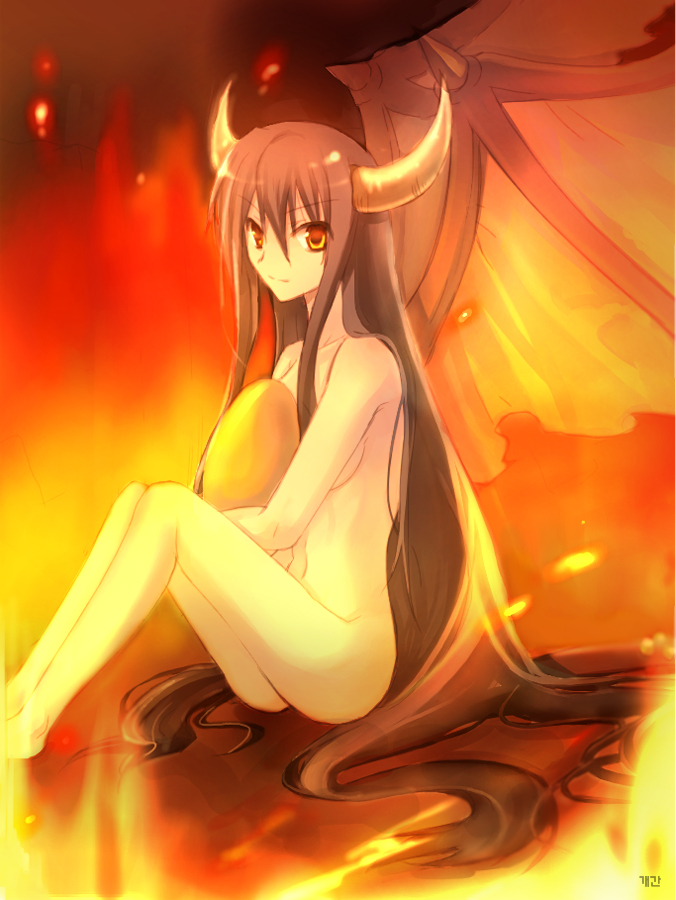 onyxia, warcraft, world of warcraft, black hair, egg, fire, horns, korean text, long hair, nude, wings, yellow eyes