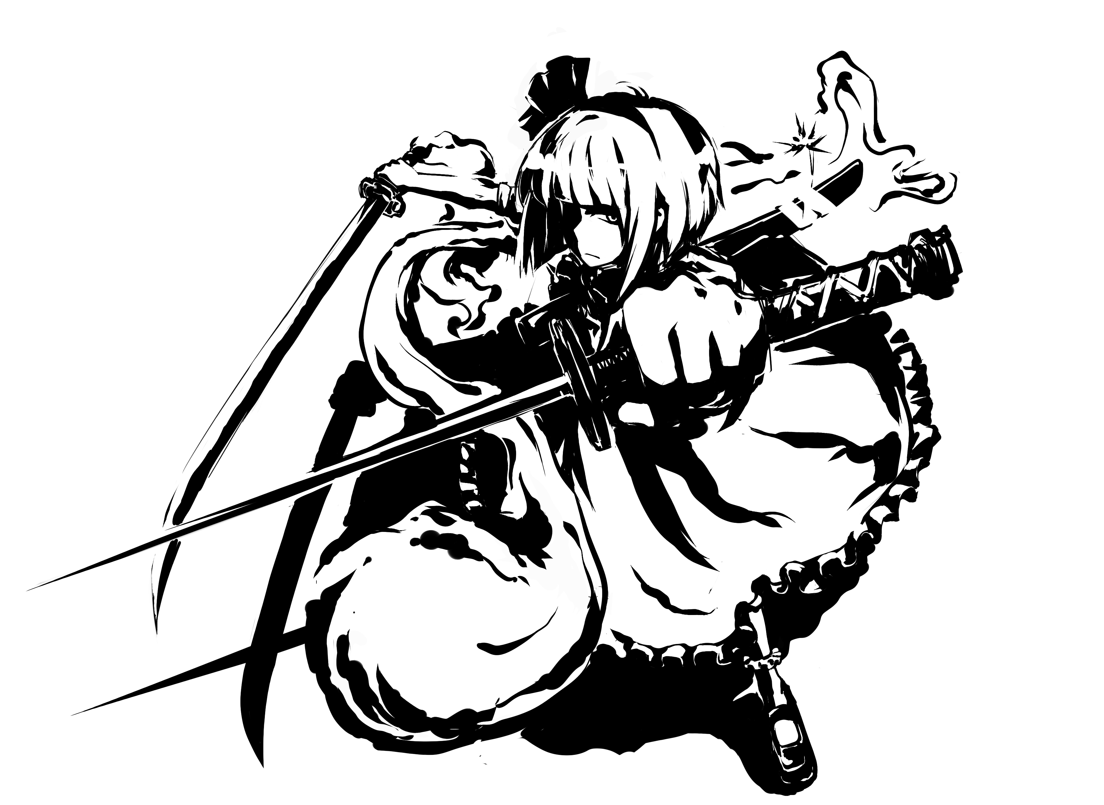 koenigsegg, konpaku youmu, konpaku youmu (ghost), touhou, absurdres, highres, 1girl, dual wielding, female focus, full body, greyscale, holding, katana, monochrome, simple background, solo, sword, tanto, weapon