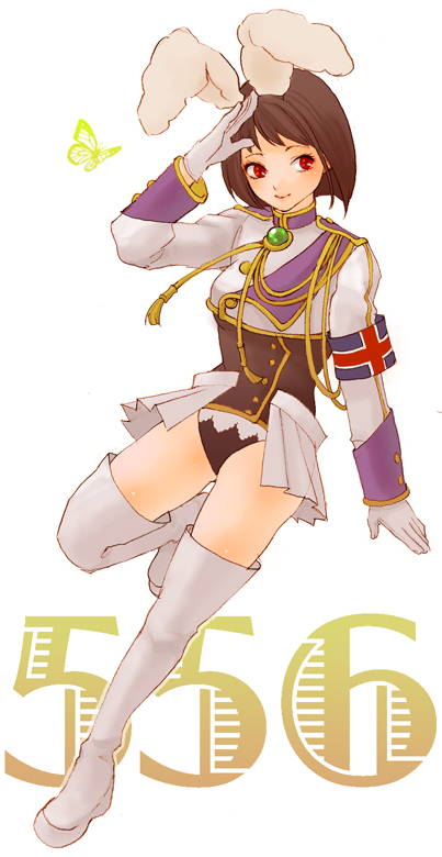 hiyori sensha, chiester556, umineko no naku koro ni, 00s, 1girl, animal ears, armband, black hair, boots, bug, butterfly, female focus, full body, insect, rabbit ears, red eyes, short hair, solo, thigh boots, thighhighs, white background