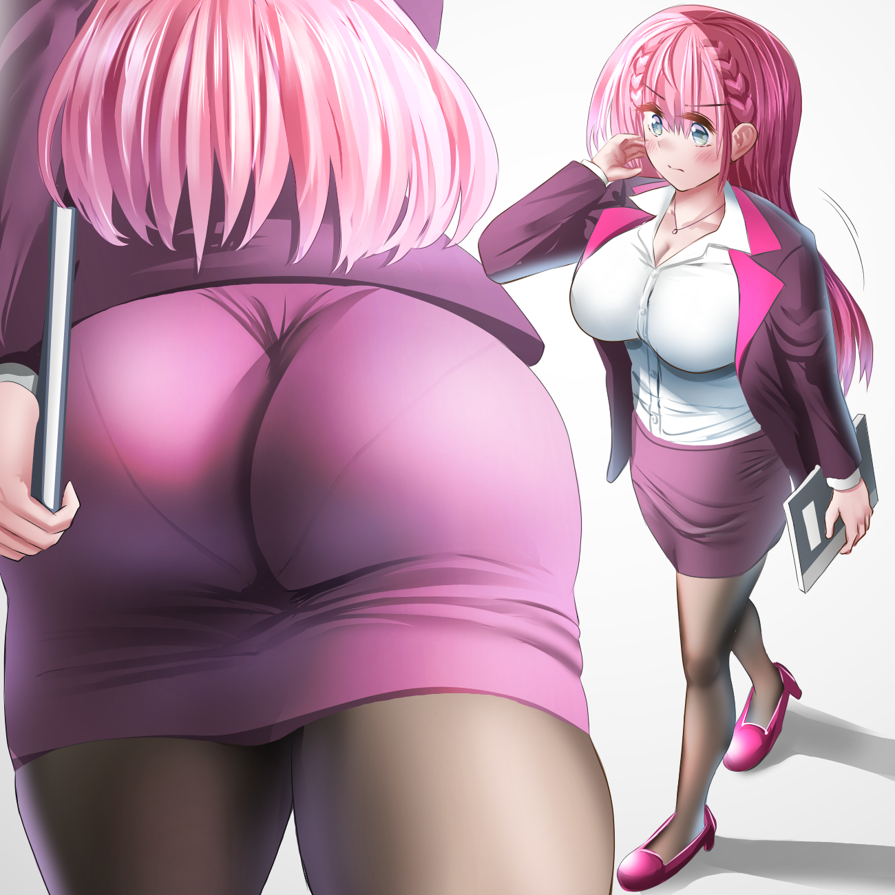 gu~derenko, kirisu mafuyu, bokutachi wa benkyou ga dekinai, highres, 1girl, aqua eyes, ass, ass focus, blue eyes, blush, book, braid, breasts, butt crack, cleavage, collarbone, dress shirt, high heels, holding, holding book, huge ass, jacket, jewelry, large breasts, legs, long hair, multiple views, necklace, open clothes, open jacket, pantyhose, pantylines, pencil skirt, shirt, simple background, skirt, solo