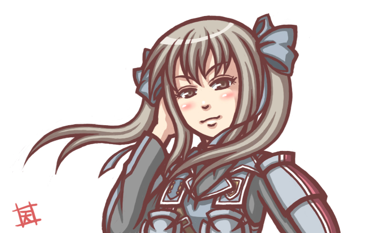 amayuki esuka, edy nelson, senjou no valkyria, senjou no valkyria (series), senjou no valkyria 1, 00s, 1girl, blue ribbon, blush, female focus, grey eyes, grey hair, long hair, military, military uniform, ribbon, simple background, solo, twintails, upper body, white background