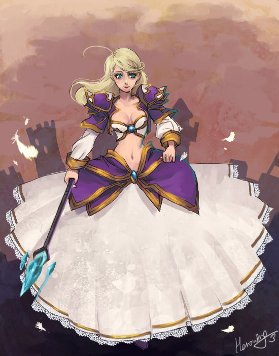 nal (nal's pudding), jaina proudmoore, warcraft, world of warcraft, blonde hair, blue eyes, breasts, cleavage, dress, feathers, frills, jacket, long hair, midriff, navel, staff