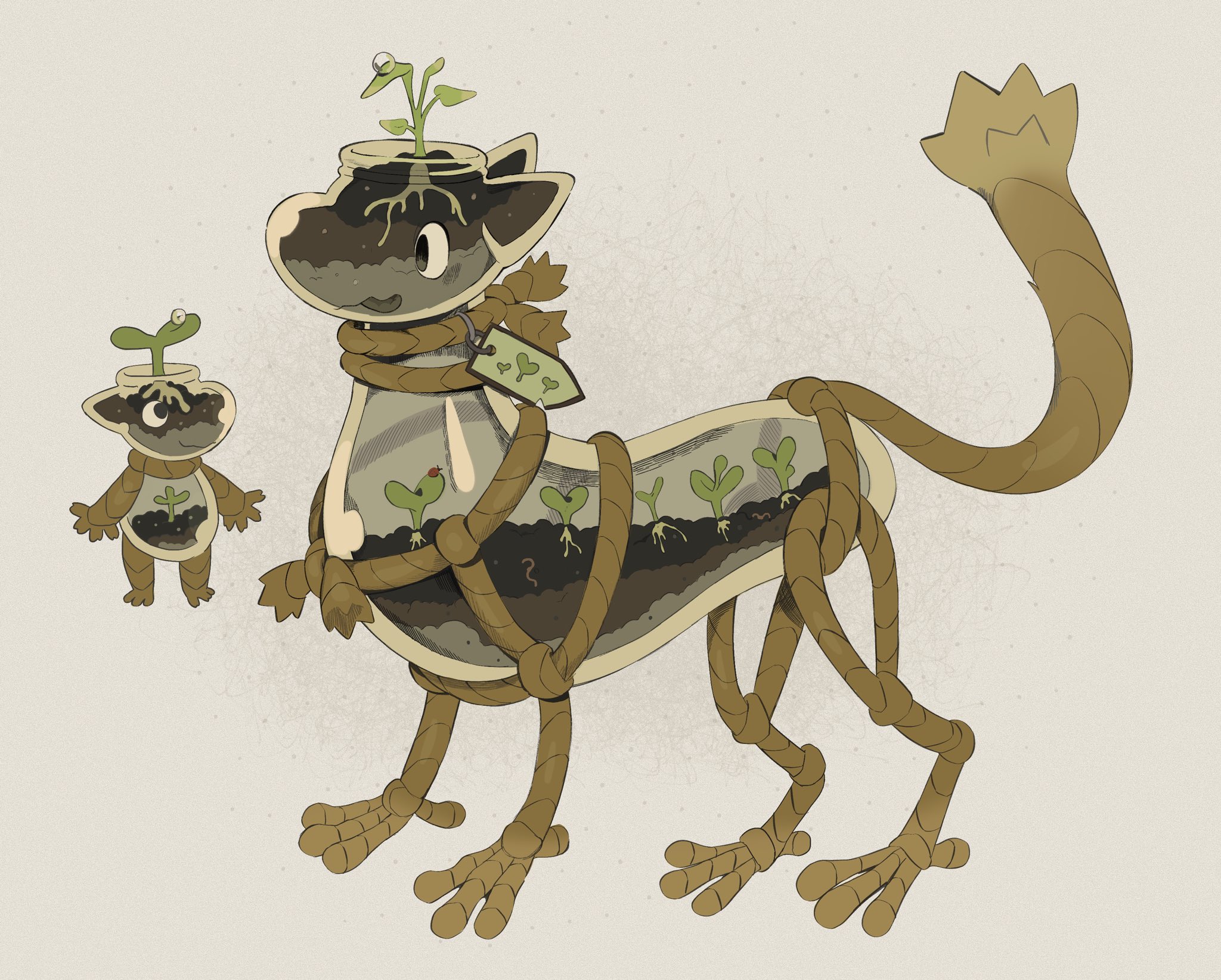 sorochii, original, commentary, english commentary, highres, animalization, baby animal, dotted background, dragon, full body, glass, no humans, plant, potted plant, rope, solid circle pupils, standing, tag, white background, worm