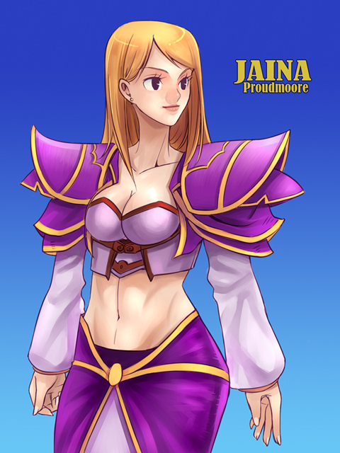 jaina proudmoore, warcraft, world of warcraft, blonde hair, breasts, cleavage, dress, jacket, long hair, midriff, navel