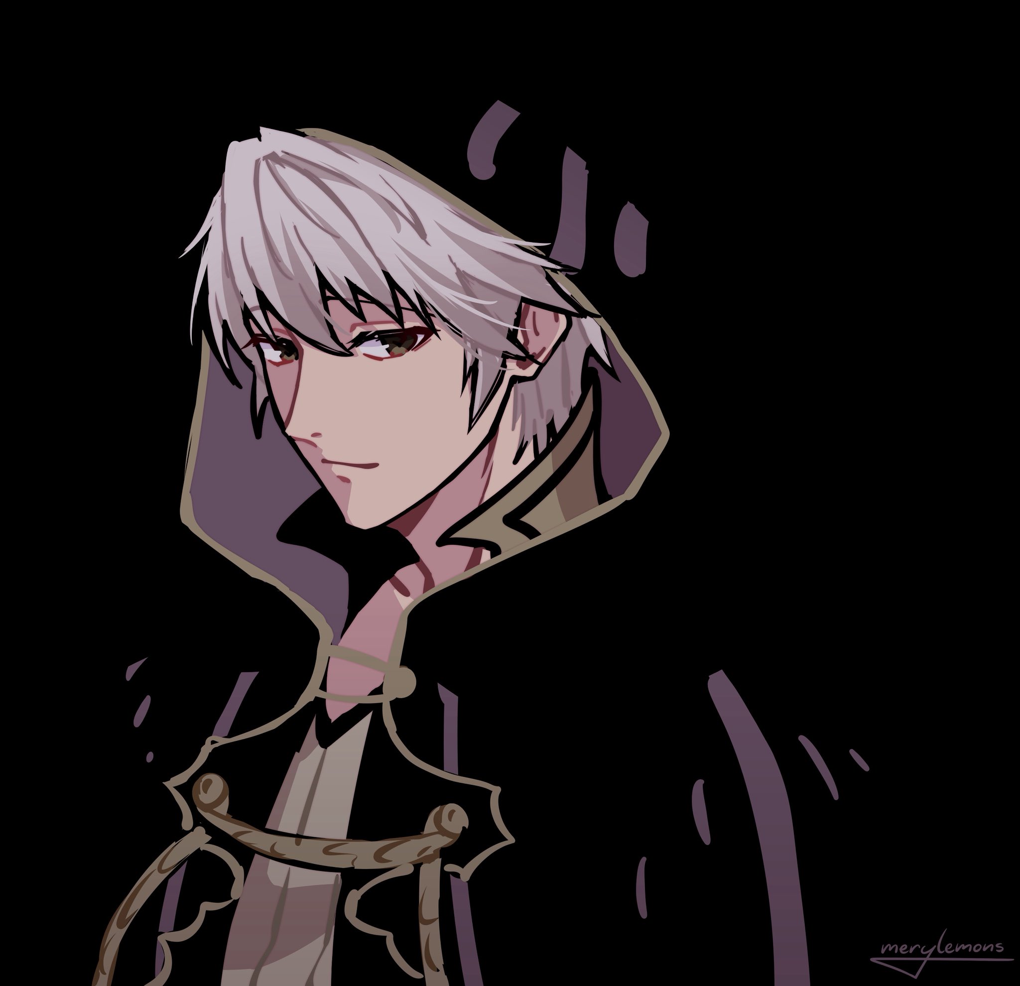 merylemons, male robin (fire emblem), fire emblem, fire emblem awakening, nintendo, commentary, english commentary, highres, 1boy, black background, black robe, closed mouth, hair behind ear, hood, hood up, light smile, looking to the side, male focus, purple eyes, robe, short hair, sideways glance, signature, simple background, solo, upper body, white hair