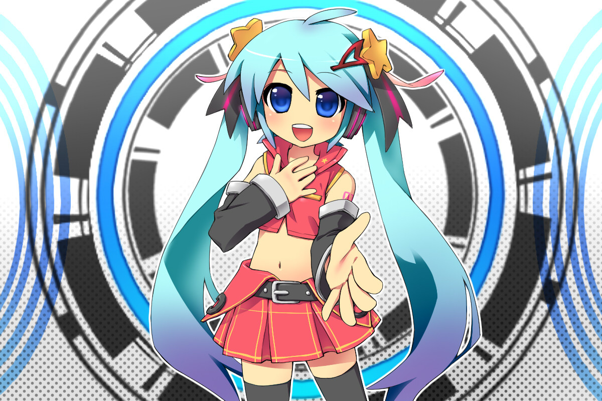 aisora, hatsune miku, vocaloid, bad id, bad piapro id, 1girl, alternate costume, belt, blue eyes, blue hair, detached sleeves, female focus, hair ribbon, halftone, halftone background, long hair, matching hair/eyes, midriff, navel, ribbon, skirt, smile, solo, thighhighs, twintails, zettai ryouiki