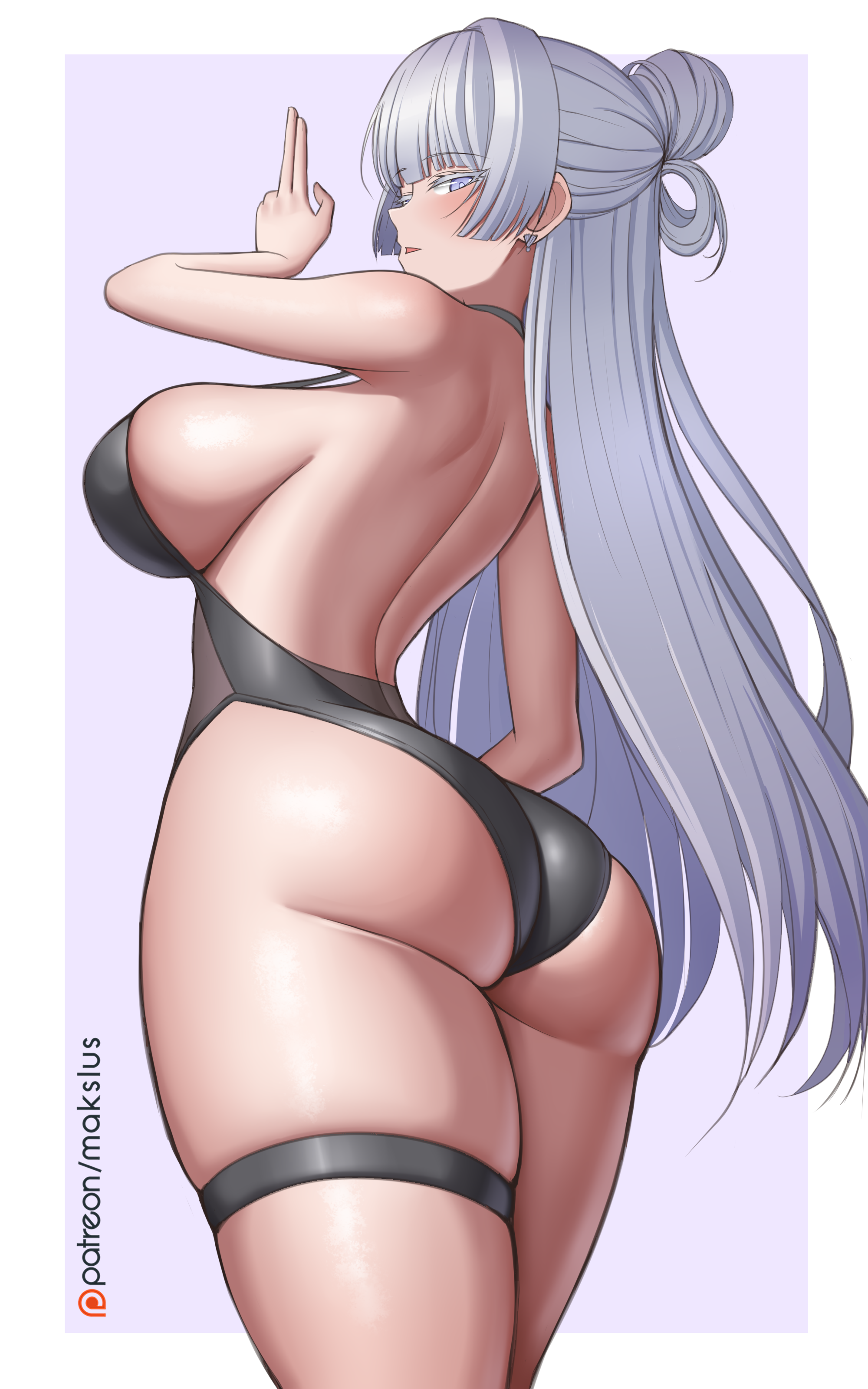 makslus, nayuta (nikke), goddess of victory: nikke, absurdres, commentary, english commentary, highres, 1girl, ass, black one-piece swimsuit, breasts, cowboy shot, curvy, earrings, from behind, grey eyes, grey hair, hair bun, jewelry, kuji-in, large breasts, long hair, looking at viewer, one-piece swimsuit, parted lips, sideboob, skindentation, solo, strap gap, swimsuit, thigh strap, thighs, very long hair, wide hips