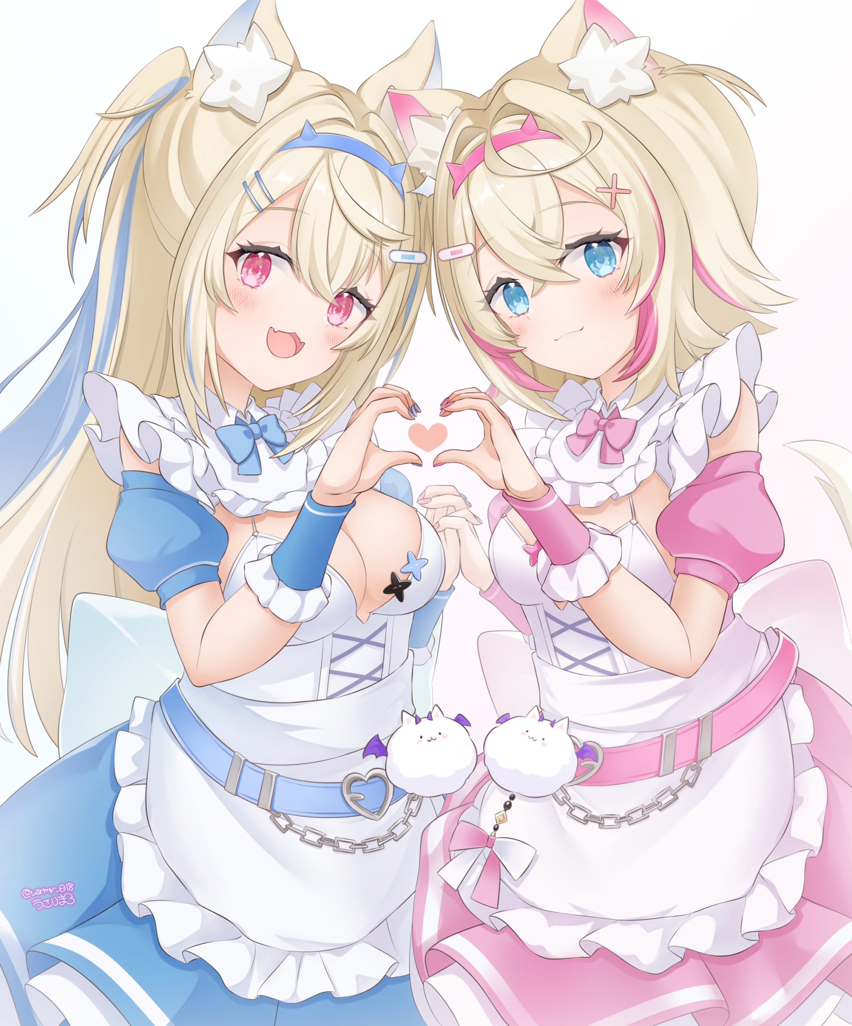 usari sk, fuwawa abyssgard, mococo abyssgard, hololive, hololive english, commentary request, highres, 2girls, animal ear fluff, animal ears, apron, aqua bow, aqua dress, bandaid, bandaid hair ornament, blonde hair, blue dress, blue eyes, blue hair, blue nails, blush, bow, breasts, cake, cleavage, closed mouth, dog ears, dog girl, dress, fake horns, fingernails, food, frilled apron, frilled dress, frills, fruit, hair between eyes, hair ornament, hairband, headphones, heart, heart hands, heart hands duo, holding, holding hands, horn hairband, horns, long hair, long sleeves, looking at viewer, maid, maid apron, medium breasts, multicolored hair, multiple girls, nail polish, open mouth, pink bow, pink dress, pink eyes, pink hair, pink nails, shoes, short hair, siblings, sisters, smile, tail, twins, upper body, virtual youtuber, white apron, x hair ornament