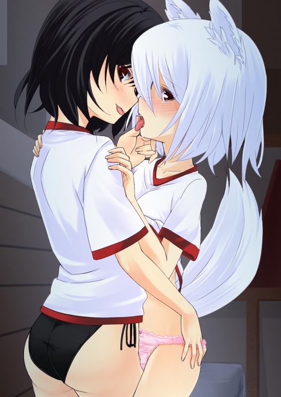 nigo (aozoragarou), inubashiri momiji, shameimaru aya, touhou, silver hair, 2girls, animal ears, black hair, black panties, blush, bow, bow panties, dog ears, dog tail, female focus, frills, multiple girls, panties, pink panties, red eyes, short hair, side-tie panties, tail, tongue, underwear, wolf ears, wolf tail, yuri