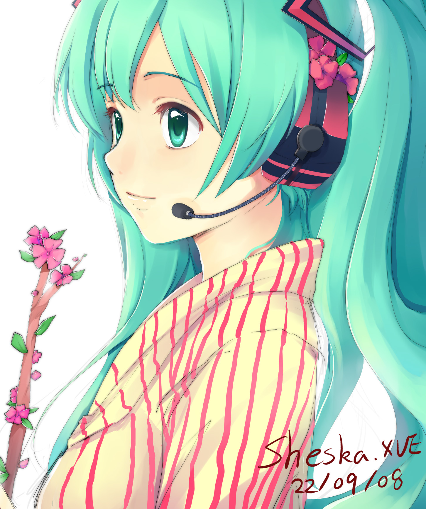 sheska xue, hatsune miku, vocaloid, highres, aqua eyes, aqua hair, smile, solo