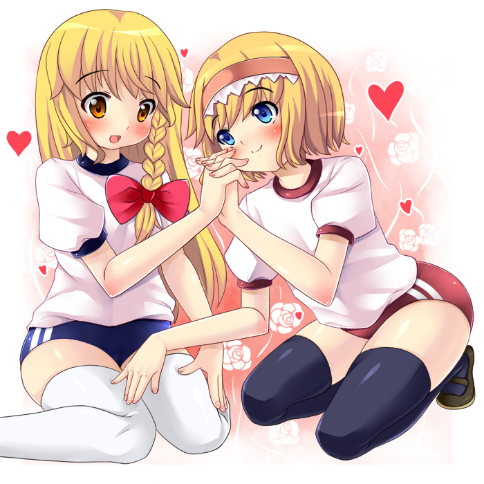 kuro minamo, alice margatroid, kirisame marisa, touhou, bad id, bad pixiv id, 2girls, alternate costume, blonde hair, blue eyes, braid, buruma, female focus, gym uniform, hairband, heart, holding hands, interlocked fingers, long hair, multiple girls, short hair, sitting, smile, squatting, thighhighs, wariza, yellow eyes, yuri