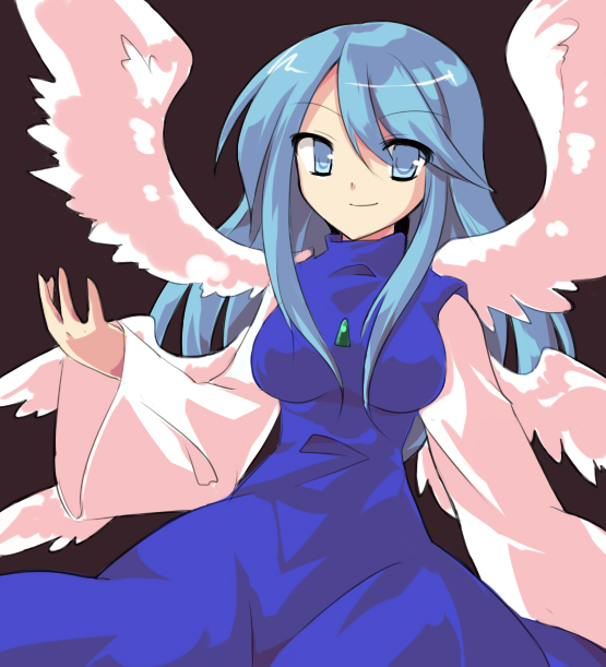tsukino-p, sariel (touhou), highly responsive to prayers, touhou, touhou (pc-98), bad id, bad pixiv id, 1girl, alphes (style), angel, blue eyes, blue hair, female focus, long hair, matching hair/eyes, multiple wings, parody, solo, style parody, wings