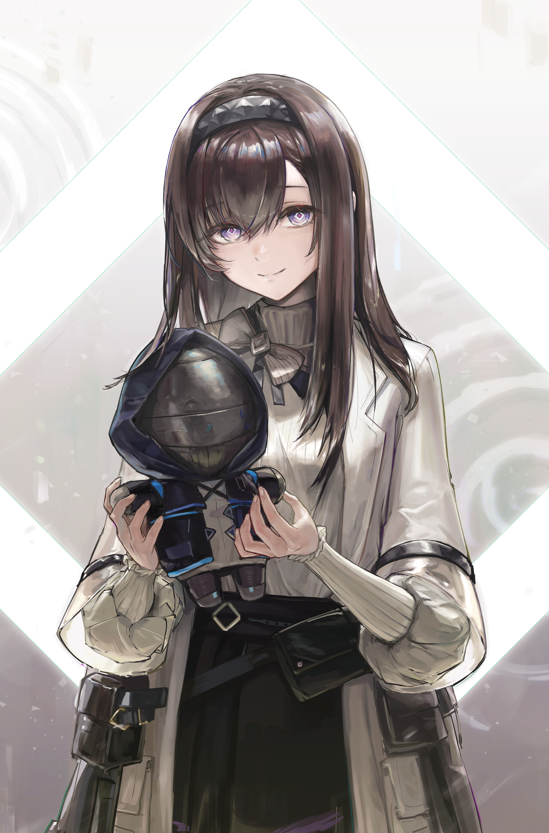 paserin ekaku, doctor (arknights), priestess (arknights), arknights, absurdres, commentary, highres, 1girl, black hairband, brown hair, character doll, closed mouth, coat, doll, hair between eyes, hairband, holding, holding doll, lab coat, lapels, long hair, long sleeves, looking at viewer, open clothes, open coat, pouch, purple eyes, ribbed sweater, smile, solo, split mouth, sweater, turtleneck, turtleneck sweater, white coat, white sweater