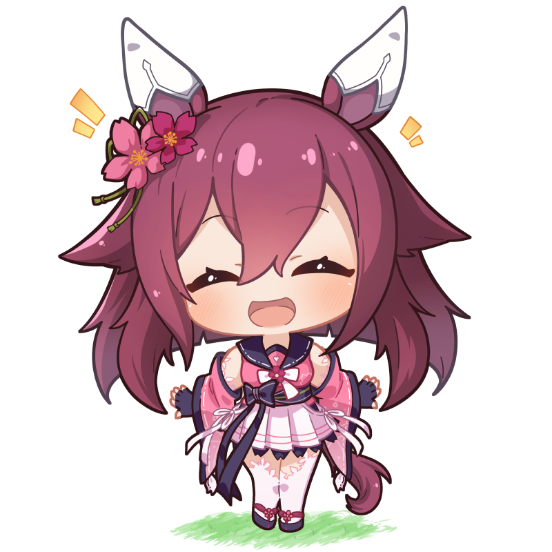 shachoo., sakura chiyono o (hinoshita kaisan hana akari) (umamusume), sakura chiyono o (umamusume), umamusume, commentary request, 1girl, :d, ^ ^, animal ears, black gloves, black sailor collar, black sandals, brown hair, chibi, closed eyes, facing viewer, fingerless gloves, flower, full body, gloves, hair between eyes, hair flower, hair ornament, horse ears, horse girl, horse tail, long sleeves, notice lines, open mouth, pink flower, pink shirt, pink sleeves, pleated skirt, purple flower, sailor collar, sandals, shirt, skirt, smile, solo, standing, tail, thighhighs, white background, white skirt, white thighhighs, wide sleeves, zouri