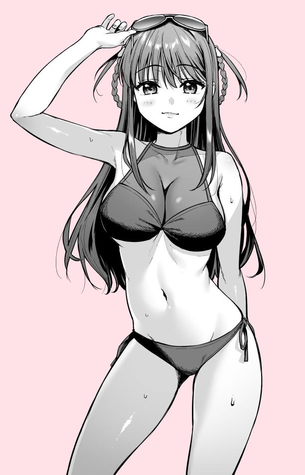nagareboshi, tachikawa ayaka, 22/7, 1girl, adjusting eyewear, arm behind back, bikini, black bikini, bow, braid, braided hair rings, collarbone, eyewear on head, hair bow, hair rings, long hair, looking at viewer, monochrome, navel, pink background, side-tie bikini bottom, sidelocks, simple background, solo, standing, straight-on, sunglasses, swimsuit, twin braids, two side up, wet, white bow