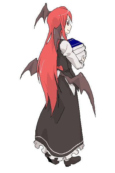 poketto, koakuma, embodiment of scarlet devil, touhou, 1girl, bat wings, book, female focus, from behind, head wings, long hair, low wings, red eyes, red hair, solo, wings