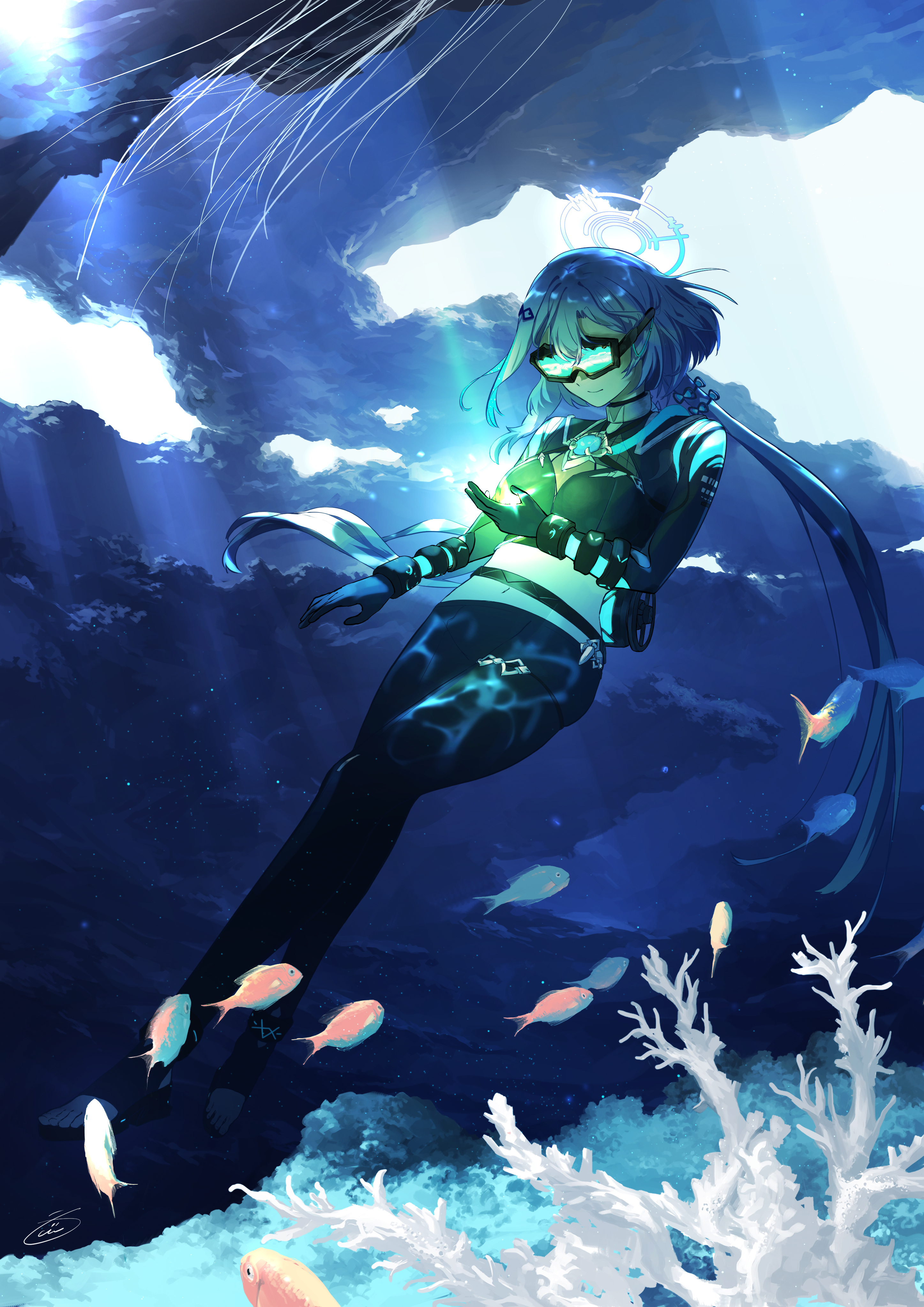 kujisho0312, griseo, griseo (cosmic expression), griseo (star-speckled blue), honkai (series), honkai impact 3rd, absurdres, commentary request, highres, 1girl, black gloves, black pants, breasts, coral, diving suit, fish, gloves, goggles, halo, large breasts, long hair, midriff, official alternate costume, pants, skin tight, solo, underwater, very long hair