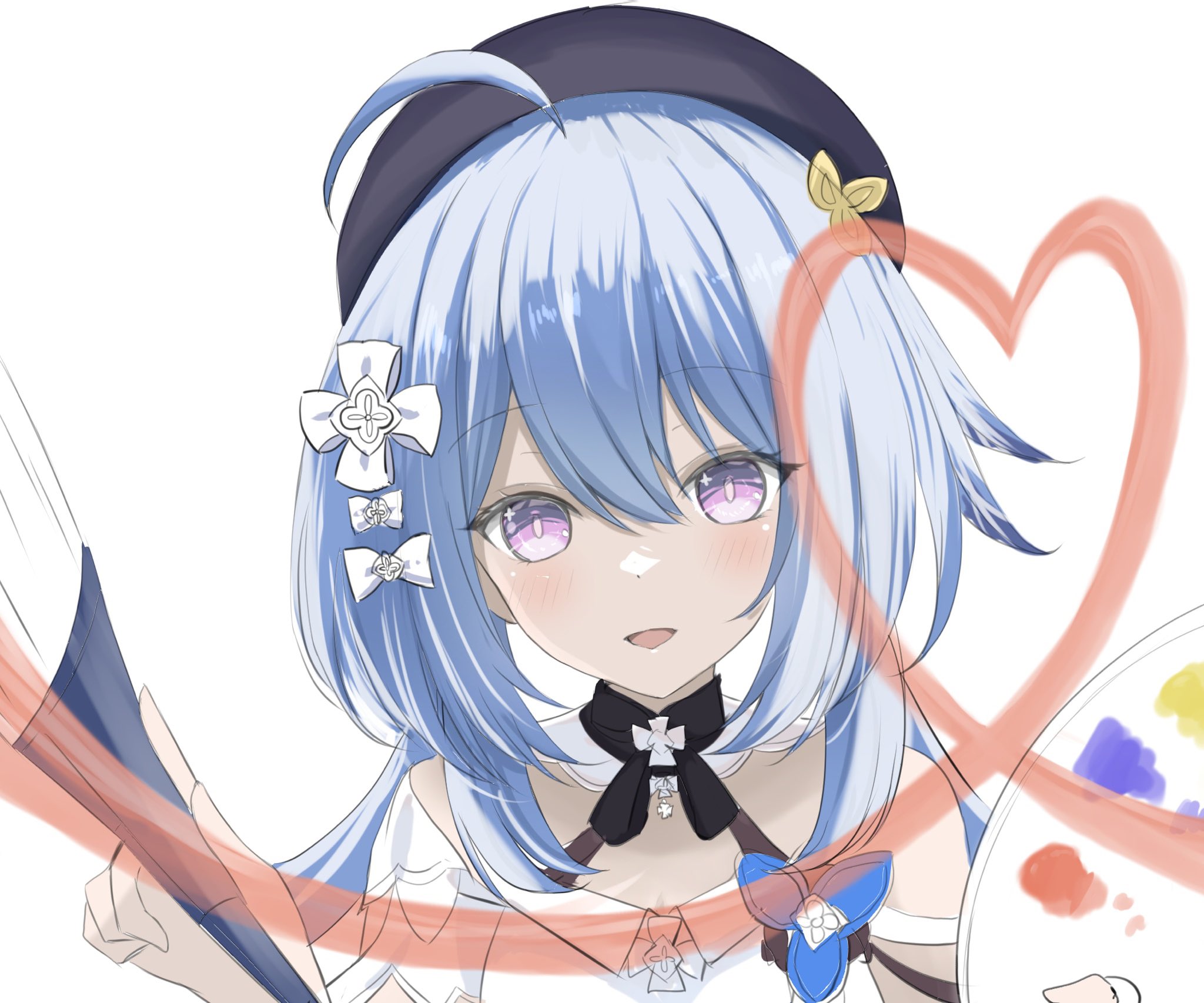 unifox0123, griseo, griseo (starry impression), honkai (series), honkai impact 3rd, commentary request, highres, 1girl, ahoge, bare shoulders, beret, blue hair, dress, flower, hair flower, hair ornament, hat, heart, holding, holding paint palette, holding paintbrush, long hair, looking at viewer, paint, paint palette, paintbrush, purple eyes, simple background, smile, solo, upper body, very long hair, white background, white dress