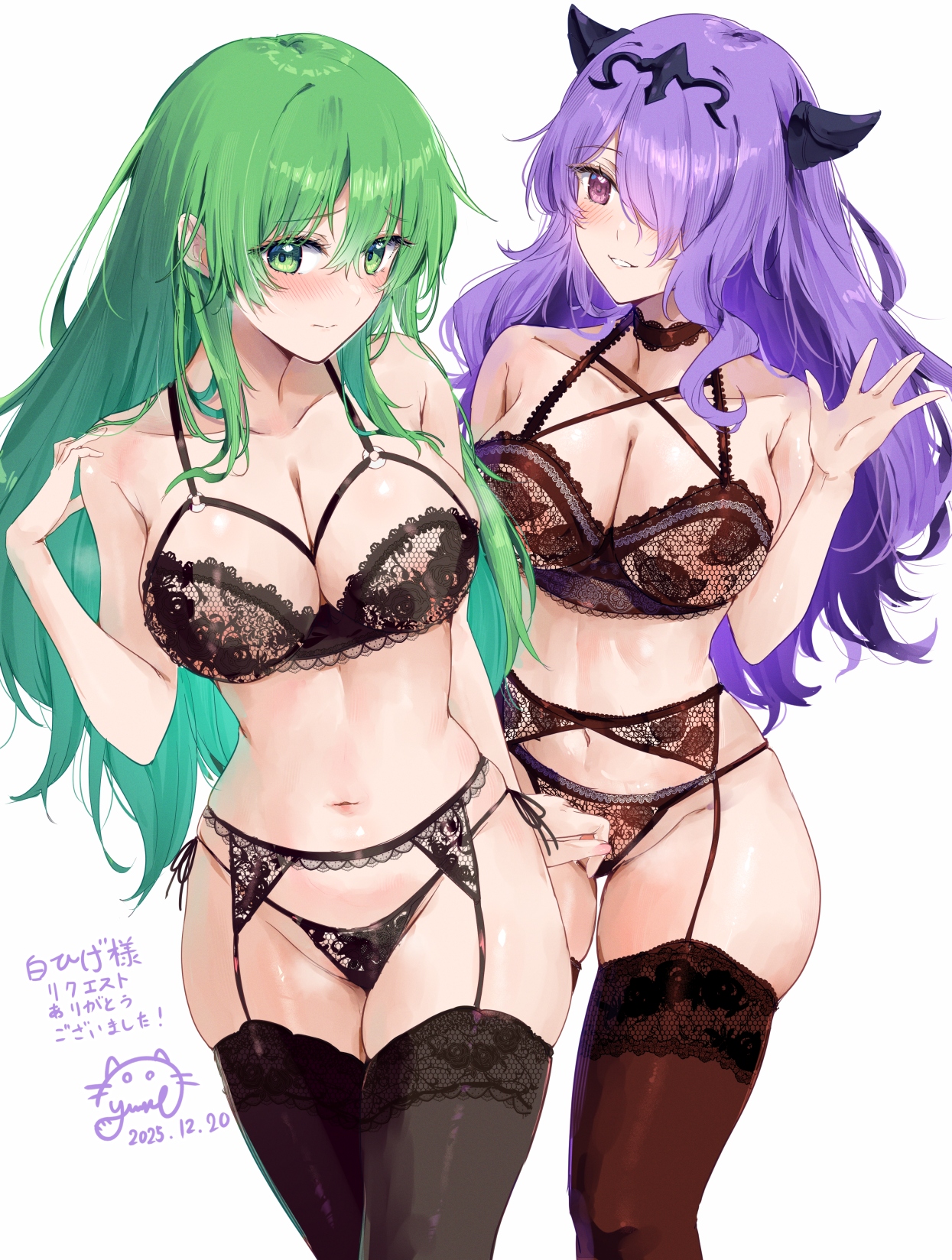 yuuri (orz commushows), camilla (fire emblem), nephenee (fire emblem), fire emblem, fire emblem: path of radiance, fire emblem: radiant dawn, fire emblem fates, nintendo, commentary, highres, 2girls, armpit crease, bare shoulders, black bra, black panties, blush, bra, breasts, brown bra, brown choker, brown panties, brown thighhighs, choker, cleavage, closed mouth, collarbone, embarrassed, eyebrows hidden by hair, frown, garter belt, green eyes, green hair, grin, groin, hair between eyes, hair over one eye, hand up, horns, lace, lace-trimmed bra, lace-trimmed panties, lace trim, large breasts, lingerie, long hair, looking at viewer, multiple girls, navel, open mouth, panties, purple eyes, purple hair, shy, skindentation, smile, stomach, thick thighs, thighhighs, thighs, underwear, very long hair, waving