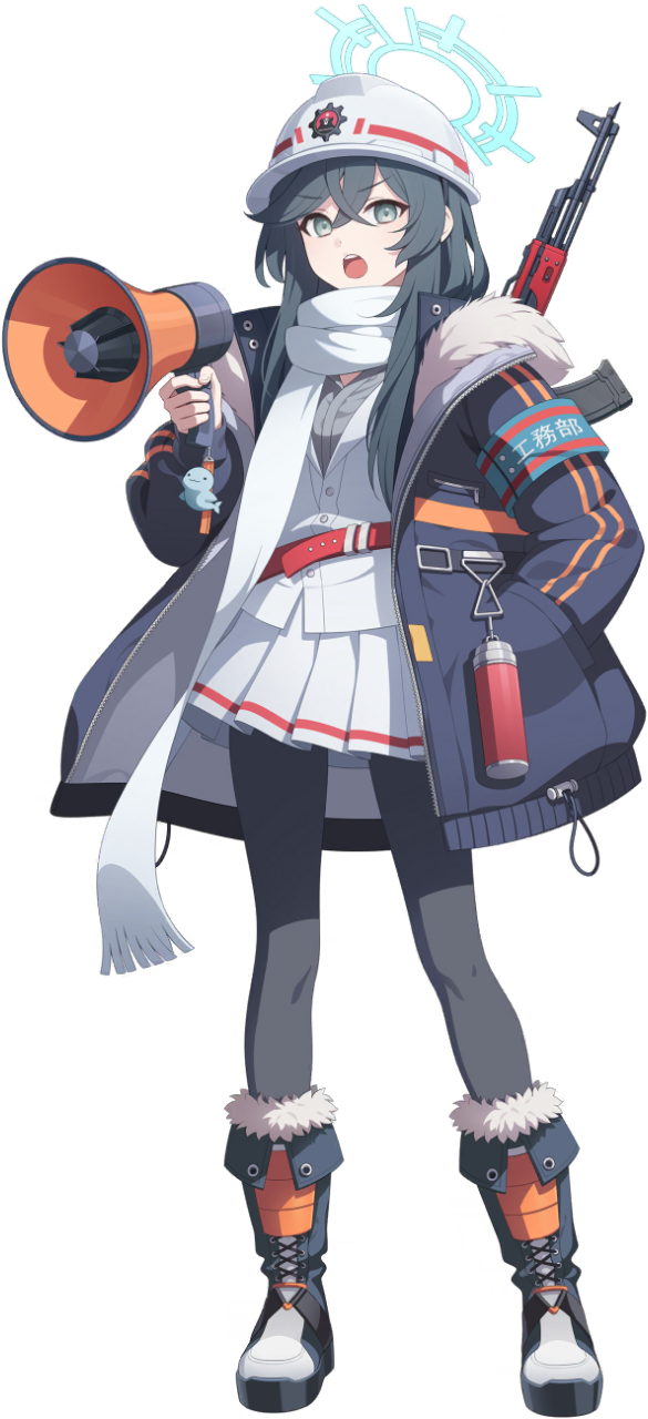 7peach, minori (blue archive), blue archive, commentary request, highres, korean commentary, official art, 1girl, akm, aqua armband, armband, assault rifle, black hair, blush, full body, green eyes, grey shirt, gun, hair between eyes, halo, hand in pocket, hard hat, helmet, holding, holding megaphone, jacket, kalashnikov rifle, long hair, long sleeves, looking at viewer, megaphone, open clothes, open mouth, red winter federal academy logo, rifle, scarf, shirt, simple background, skirt, solo, transparent background, weapon, white helmet, white jacket, white scarf, white shirt