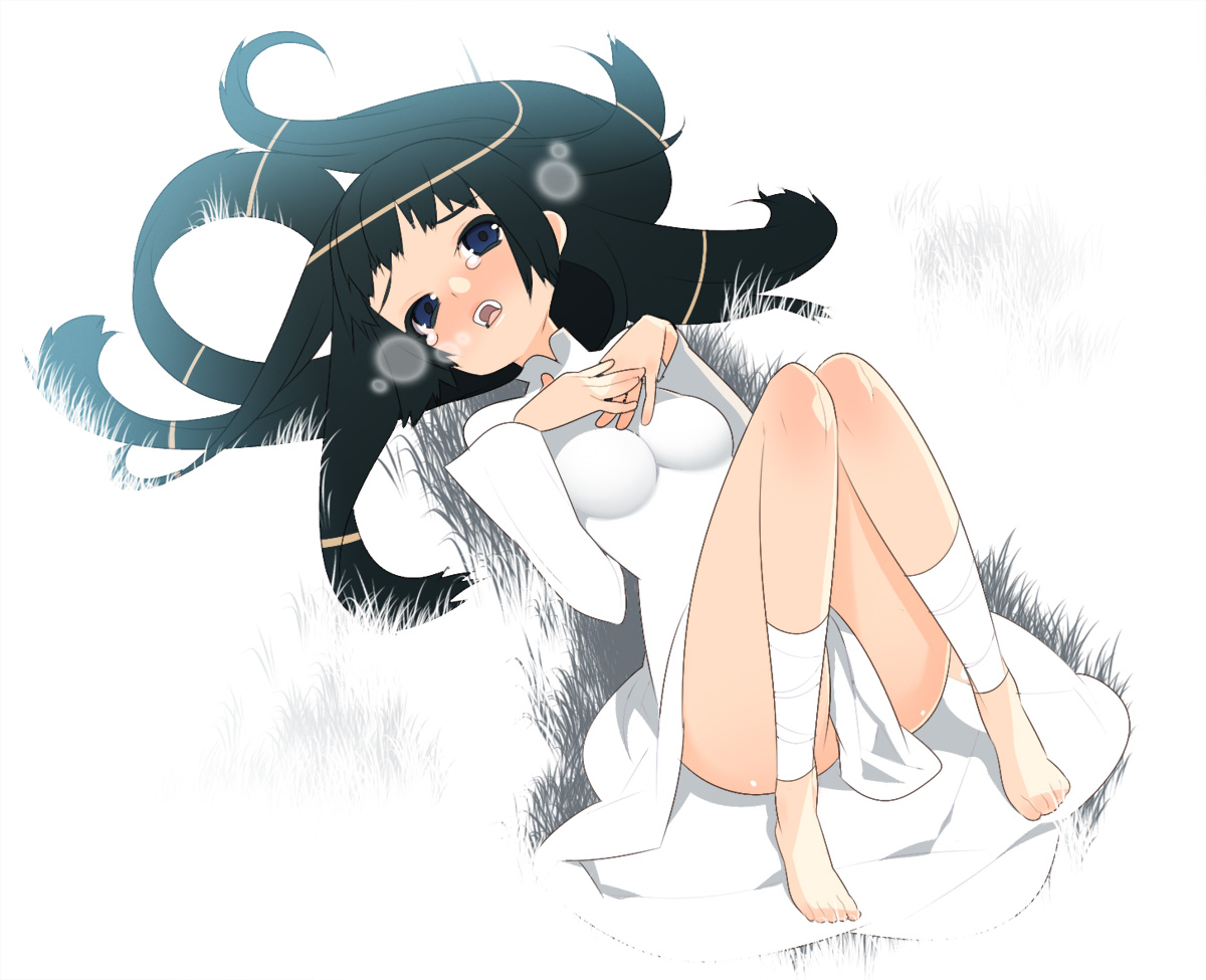 tensugi takashi, mono (shadow of the colossus), shadow of the colossus, bad id, bad pixiv id, 1girl, bandages, barefoot, black hair, blue eyes, blush, dress, feet, female focus, long hair, solo, tears