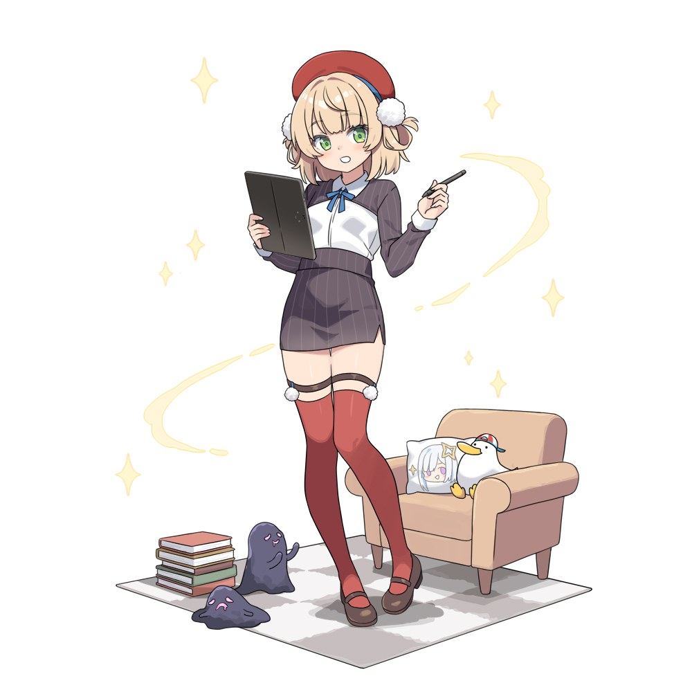 hatsunatsu, amane kanata, shigure ui (vtuber), hololive, indie virtual youtuber, commentary request, 1girl, animal, armchair, beret, bird, book, book stack, breasts, brown hair, brown shoes, chair, collared shirt, dress shirt, duck, green eyes, grey skirt, hair rings, hat, holding, holding stylus, long sleeves, pinstripe pattern, pinstripe skirt, red hat, red thighhighs, shirt, shoes, shrug (clothing), simple background, skirt, small breasts, solo, sparkle, standing, stylus, tablet pc, thighhighs, virtual youtuber, white background, white shirt