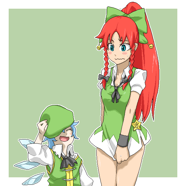 poketto, cirno, hong meiling, embodiment of scarlet devil, touhou, 2girls, alternate color, blue hair, blush, bow, braid, cosplay, costume switch, covering crotch, covering privates, dress, dress tug, embarrassed, hair bow, laughing, long hair, multiple girls, multiple hair bows, oekaki, ponytail, red hair, short dress, short hair, twin braids, wavy mouth, wings, wristband