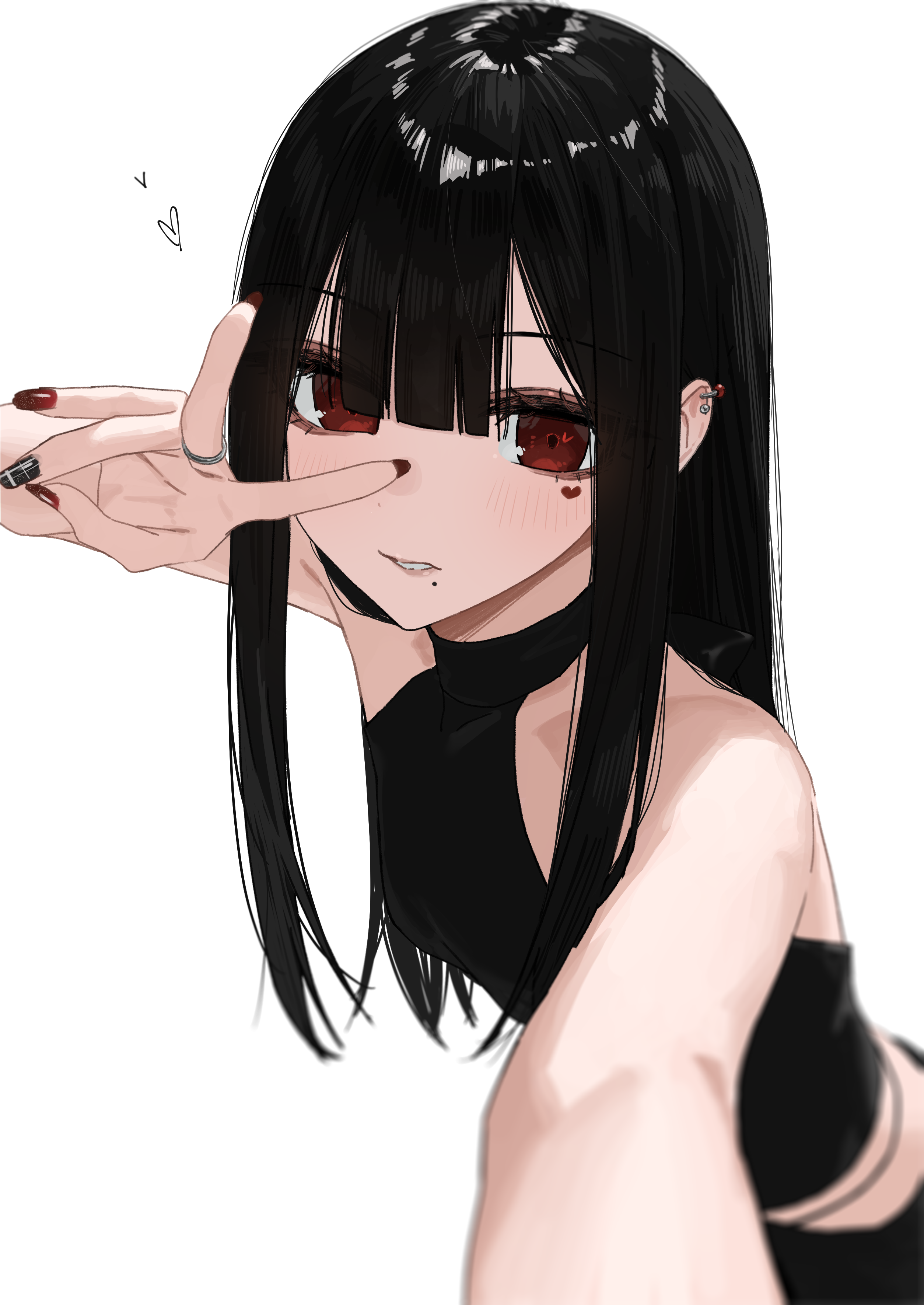 hara kenshi, enokawa kokoro (hara kenshi), original, absurdres, commentary, highres, 1girl, black hair, black nails, black shirt, blush, ear piercing, facial mark, heart, heart facial mark, heart in eye, long hair, looking at viewer, mole, mole under mouth, nail polish, piercing, red eyes, red nails, shirt, simple background, sleeveless, sleeveless shirt, solo, symbol in eye, v, white background