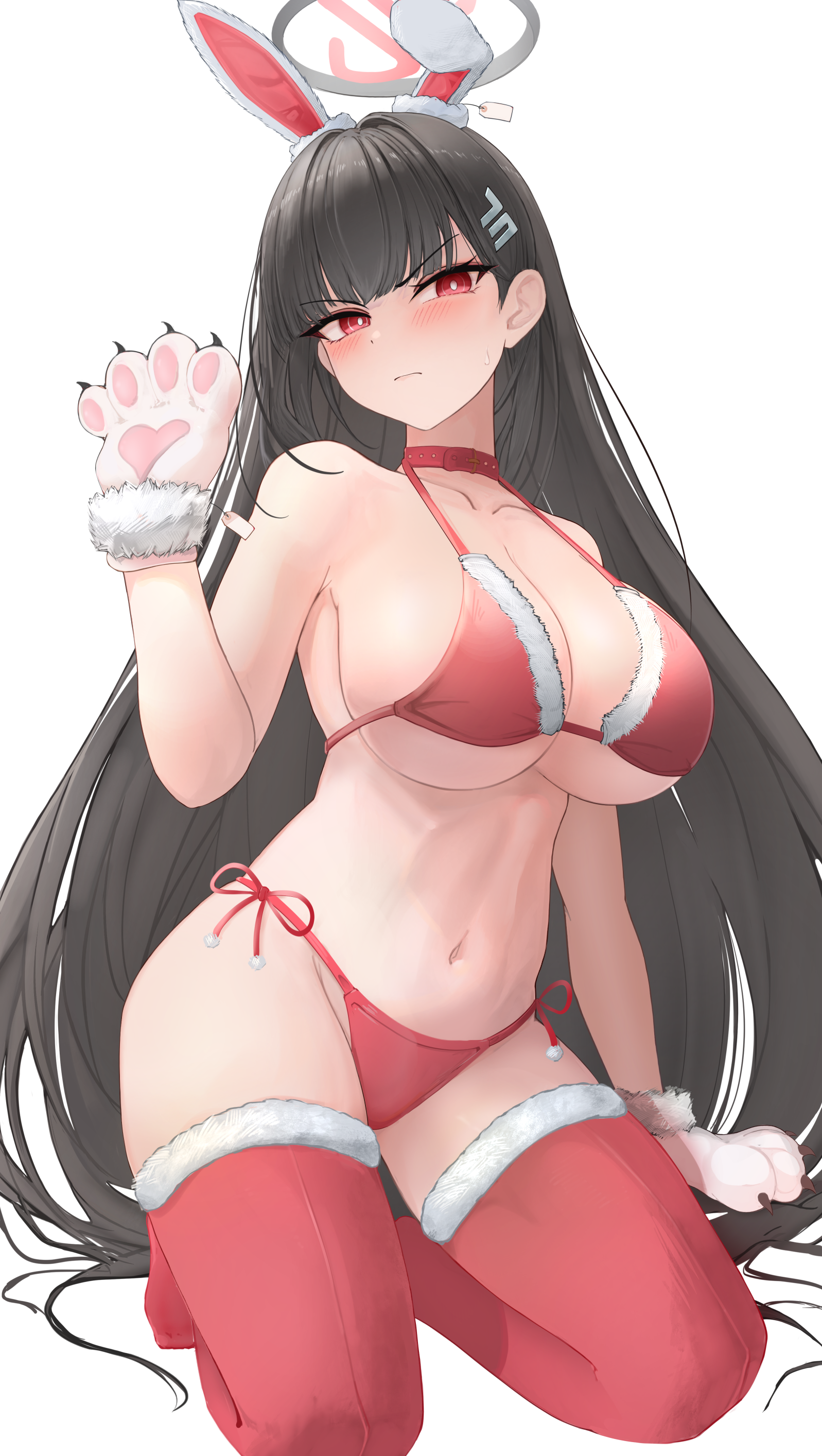asaikeu, rio (blue archive), blue archive, absurdres, commentary, highres, 1girl, animal collar, animal ears, animal hands, bikini, black hair, black halo, blush, breasts, bright pupils, cleavage, closed mouth, collar, embarrassed, fake animal ears, fur-trimmed bikini, fur trim, gloves, hair behind ear, hair ornament, halo, kneeling, large breasts, long hair, looking at viewer, multicolored halo, navel, paw gloves, price tag, rabbit ears, red bikini, red eyes, red halo, red thighhighs, santa bikini, santa costume, side-tie bikini bottom, solo, swimsuit, thighhighs, two-tone halo, very long hair, white background, white pupils
