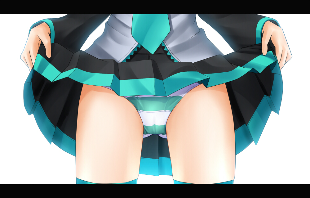 eto, hatsune miku, vocaloid, bad id, bad pixiv id, 1girl, close-up, clothes lift, detached sleeves, dress, female focus, necktie, panties, pleated skirt, skirt, skirt lift, solo, striped clothes, striped panties, thighhighs, underwear, zettai ryouiki