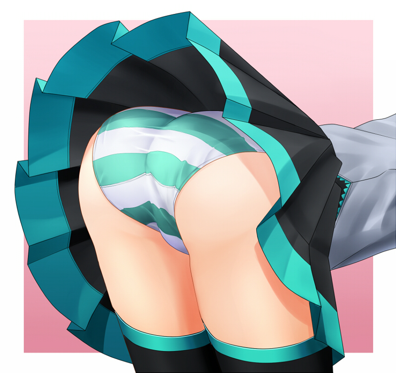 eto, hatsune miku, vocaloid, bad id, bad pixiv id, 1girl, aqua panties, ass, ass focus, bent over, black skirt, black thighhighs, close-up, female focus, from side, gradient background, miniskirt, outside border, panties, pantyshot, pink background, pleated skirt, shiny clothes, skirt, solo, striped clothes, striped panties, taut clothes, thighhighs, trefoil, underwear, upskirt, white panties, zettai ryouiki