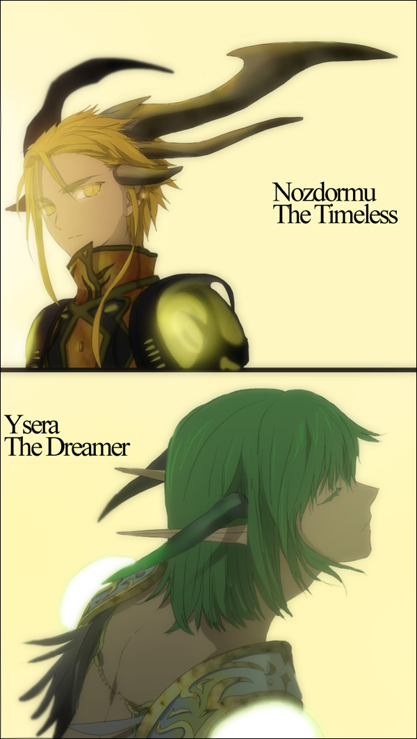 charalue, nozdormu, ysera, warcraft, world of warcraft, 1boy, 1girl, armor, back, blonde hair, closed eyes, glowing, glowing eyes, green hair, horns, pointy ears, short hair, turtleneck, yellow eyes