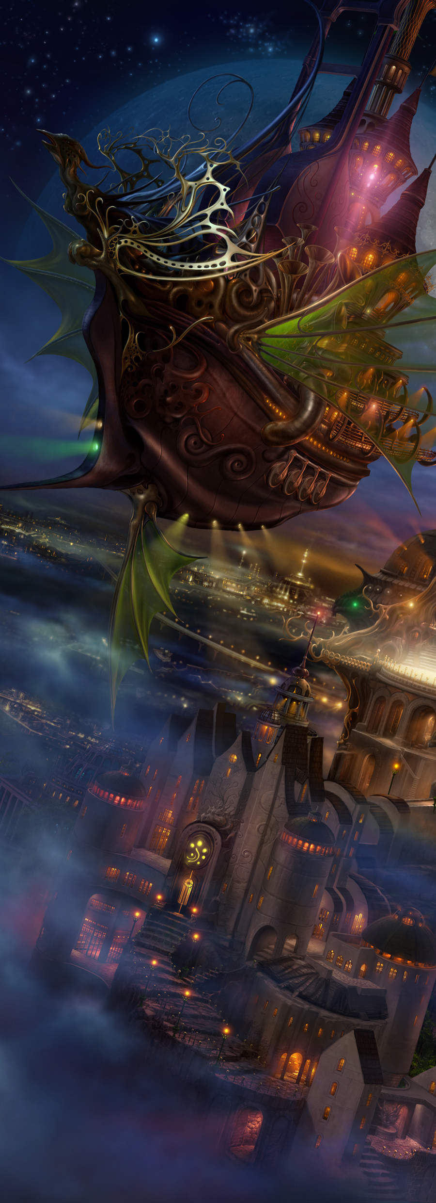 kazumasa uchio, uchio kazumasa, original, absurdres, bad id, bad pixiv id, highres, aircraft, airship, castle, cityscape, fantasy, flying, fog, grand scale, moon, night, no humans, scenery, ship, star (symbol), vehicle focus, watercraft